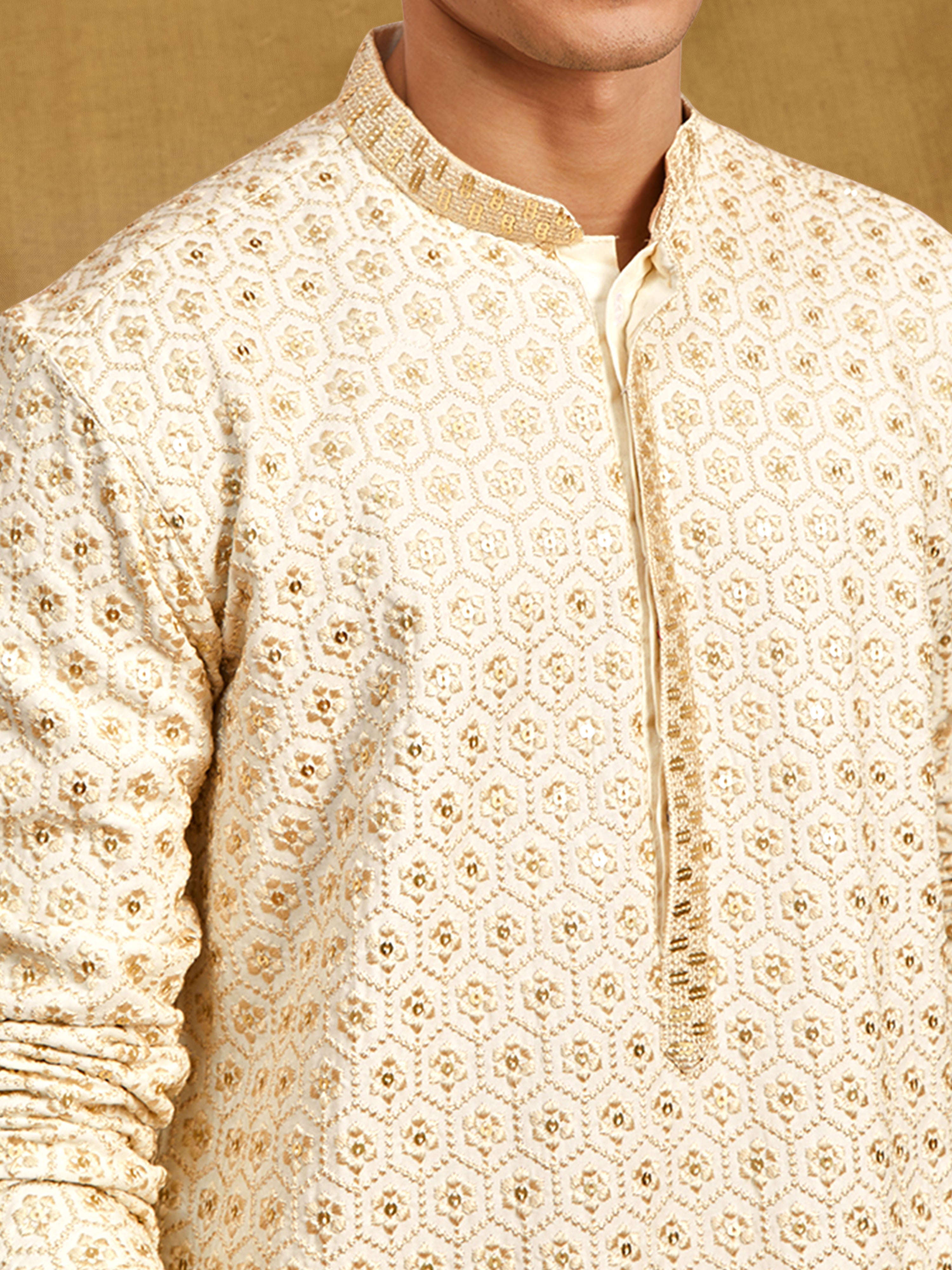 Men's Off White Rayon Kurta Rakhi Gift Box for Brother | Includes Rakhi, Potli Bag & Festive Essentials