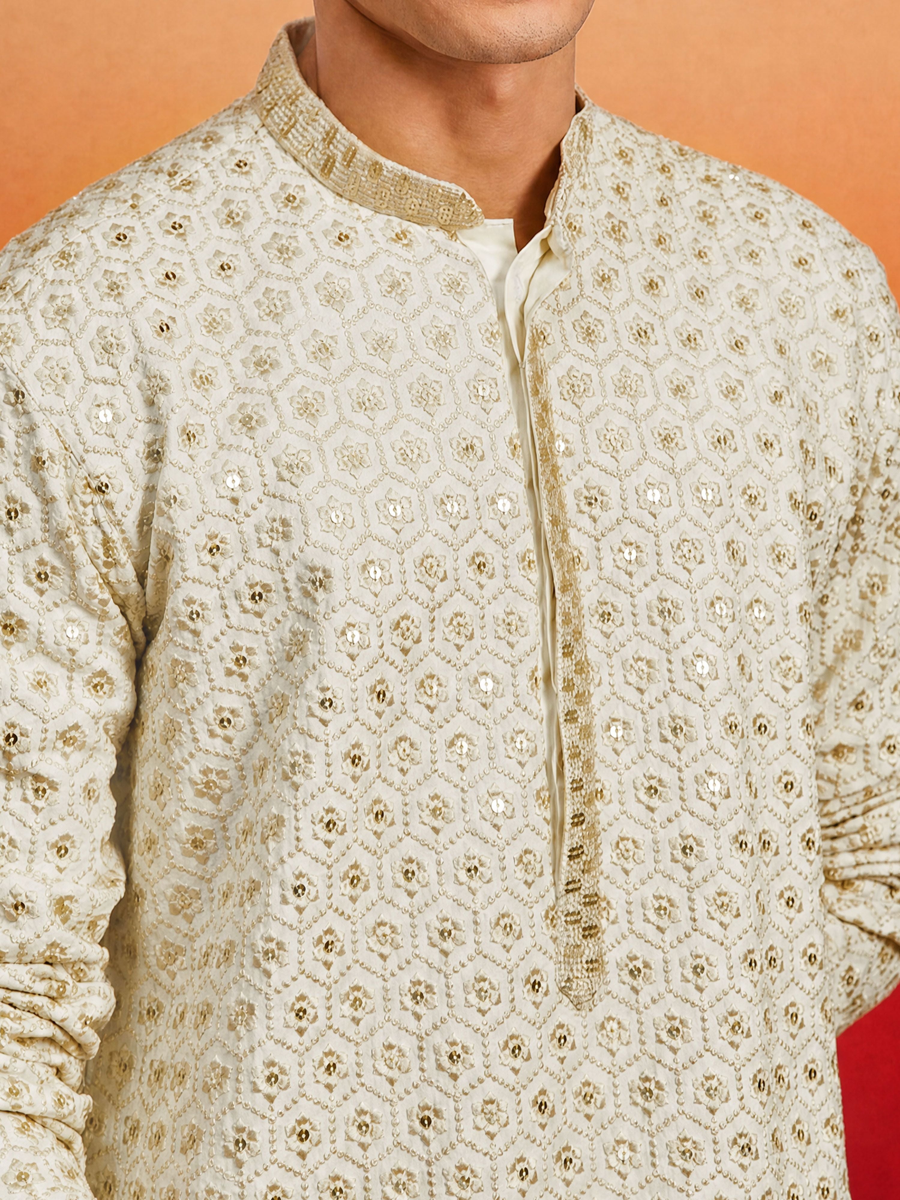 Men's Off-White Rayon Embellished Knee Length Kurta with Dhoti