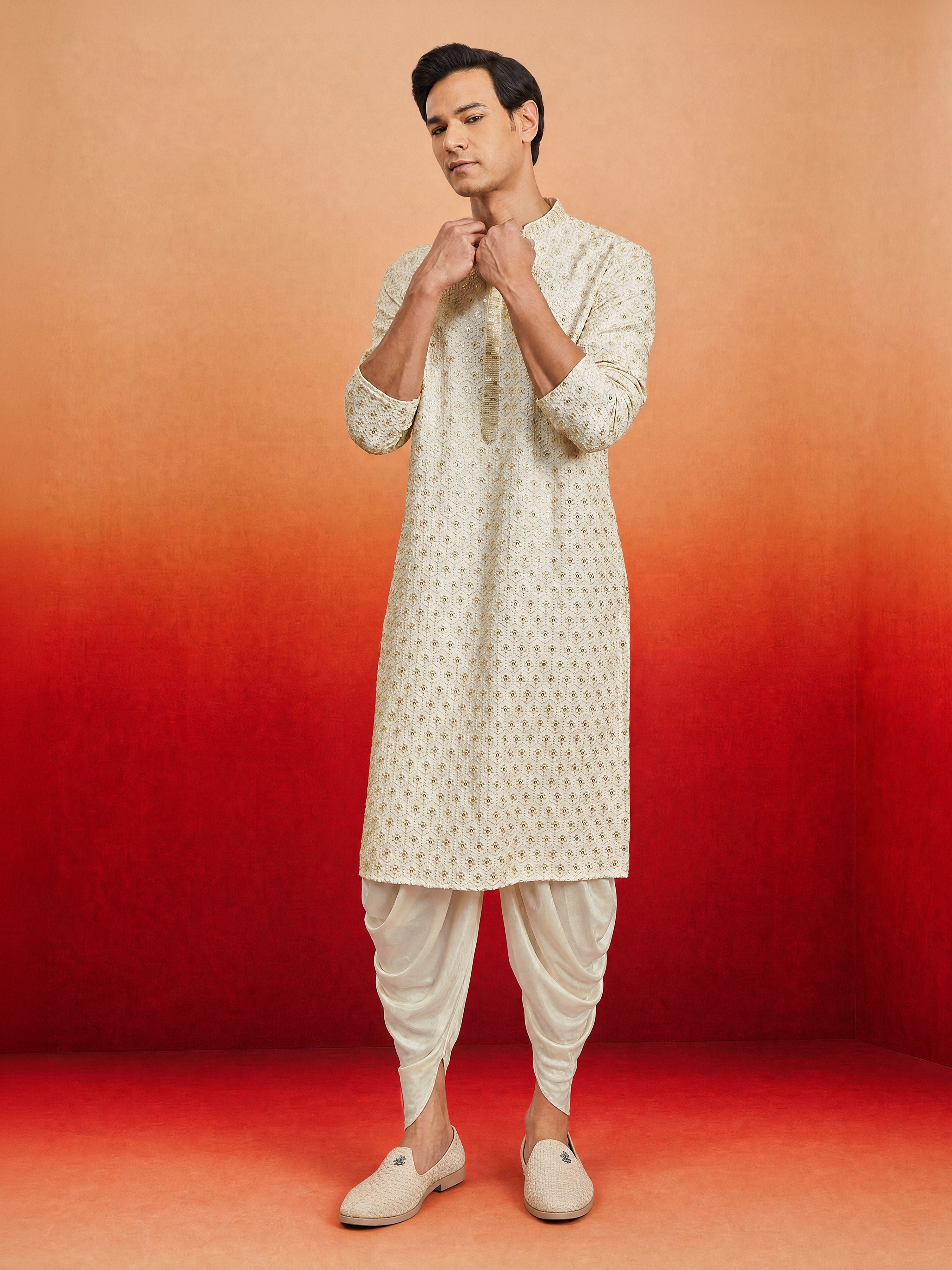 Men's Off-White Rayon Embellished Knee Length Kurta with Dhoti