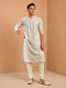 Men's Off-White Embroidered, Sequin Knee Length Kurta Pant Set with Churidar