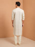 Men's Off-White Embroidered, Sequin Knee Length Kurta Pant Set with Churidar
