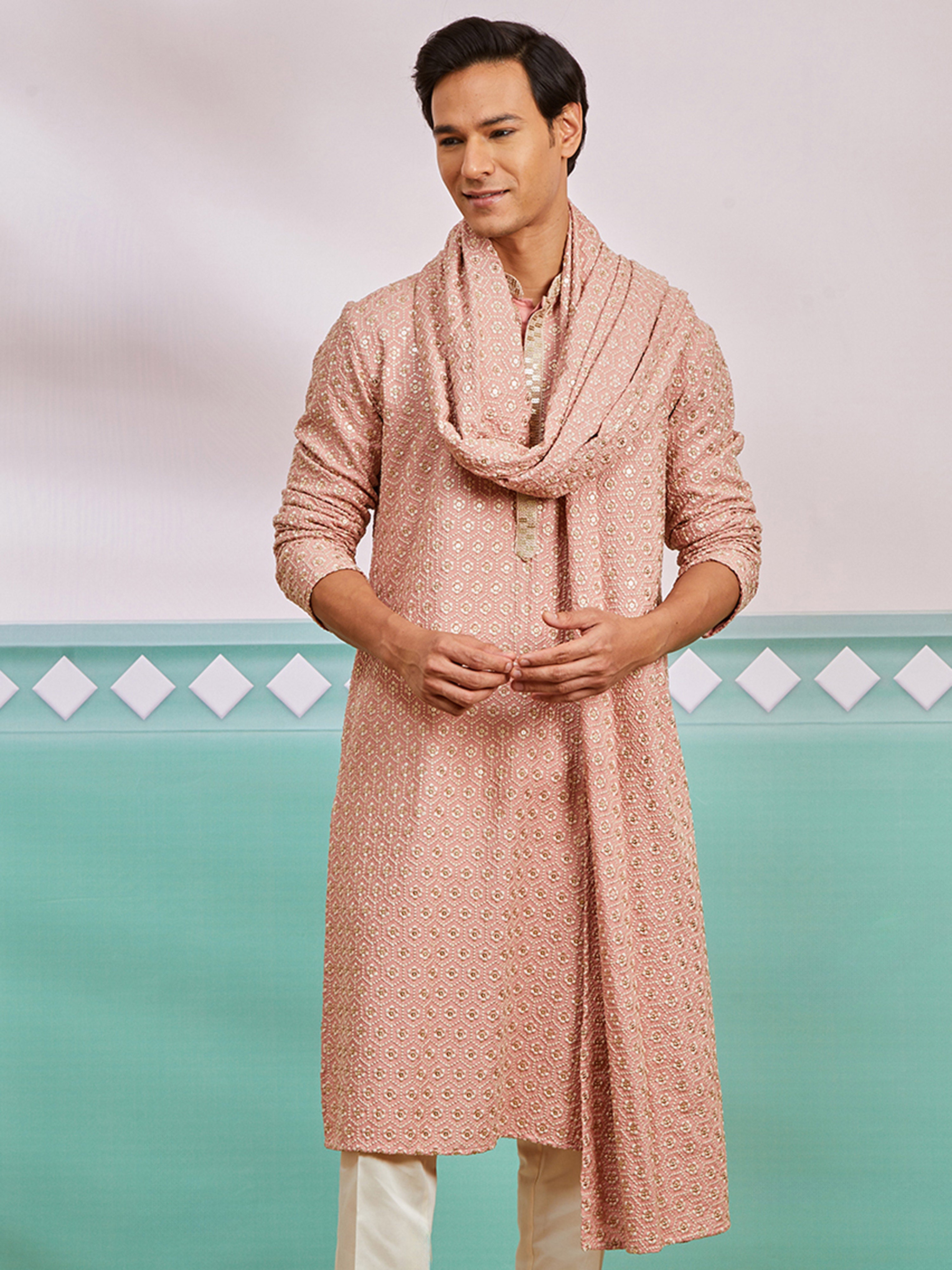 Men's Peach Chikankari Rayon Kurta with Silk Dupatta Set