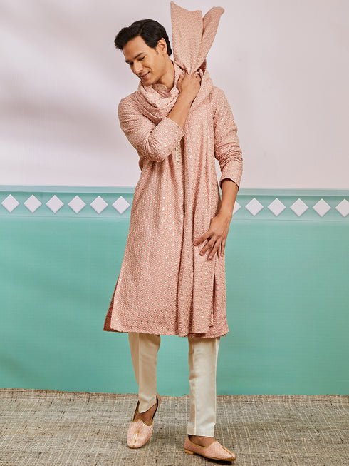 Men's Peach Rayon Kurta, Pyjama And Dupatta Set.