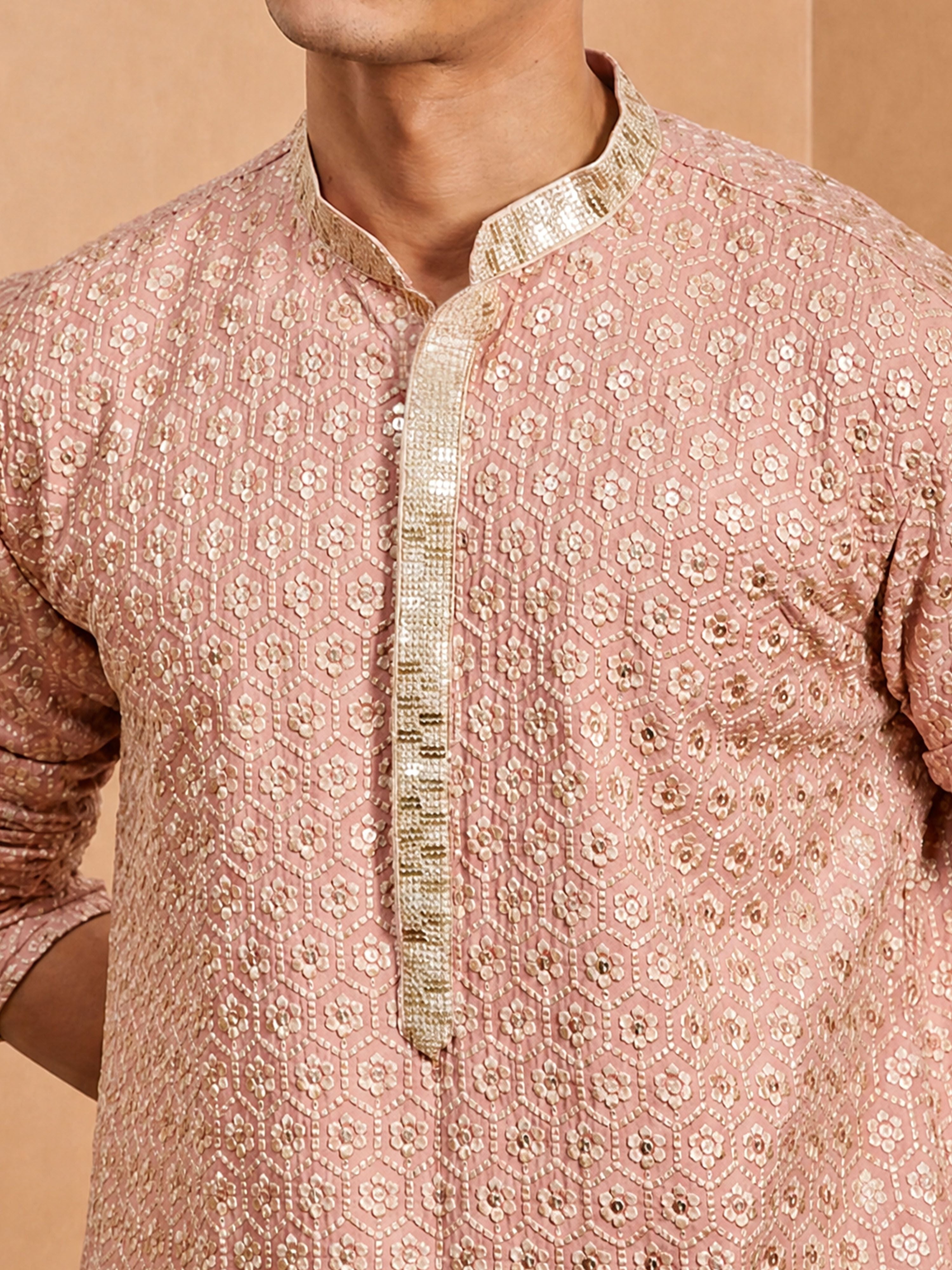 Men's Peach Rayon Embroidered Knee Length Kurta with Patiala