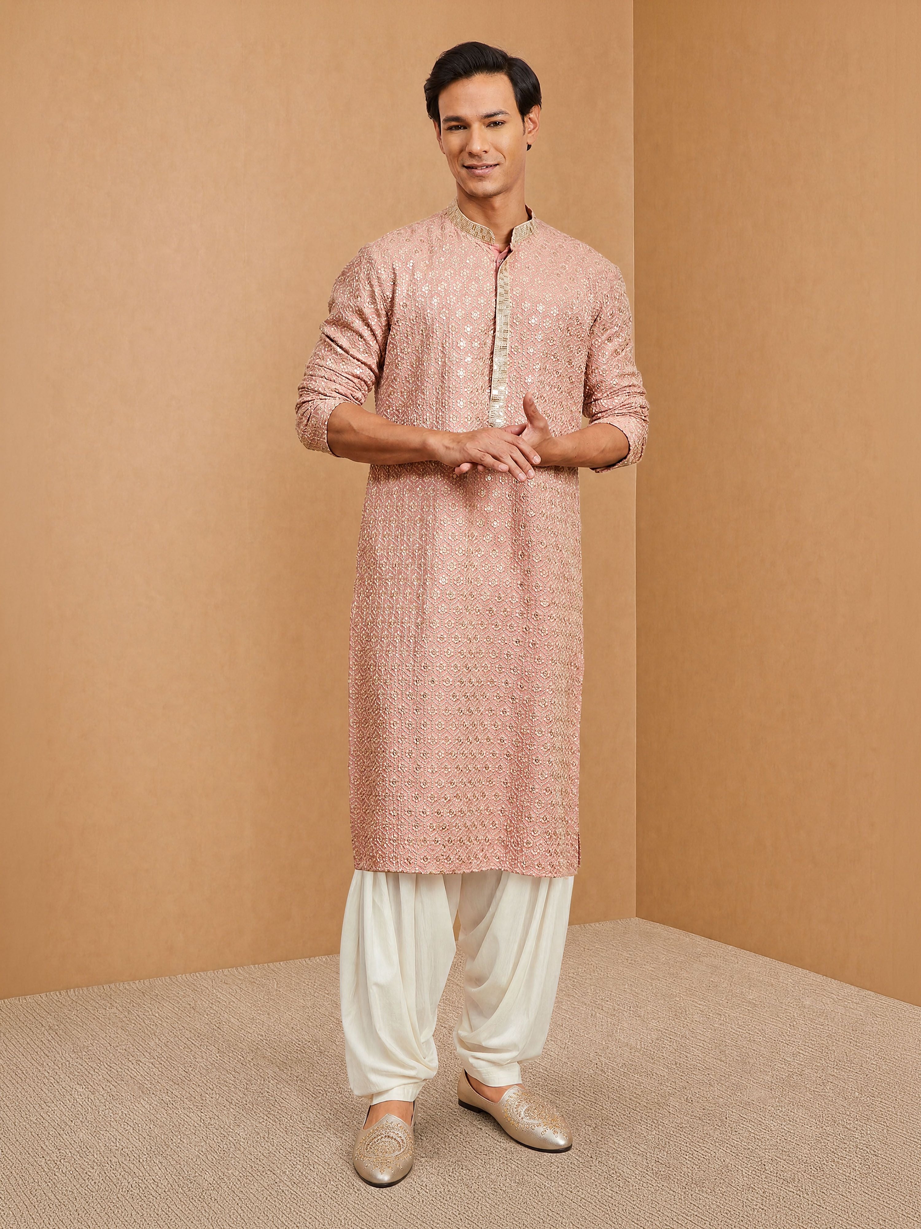 Men's Peach Rayon Embroidered Knee Length Kurta with Patiala