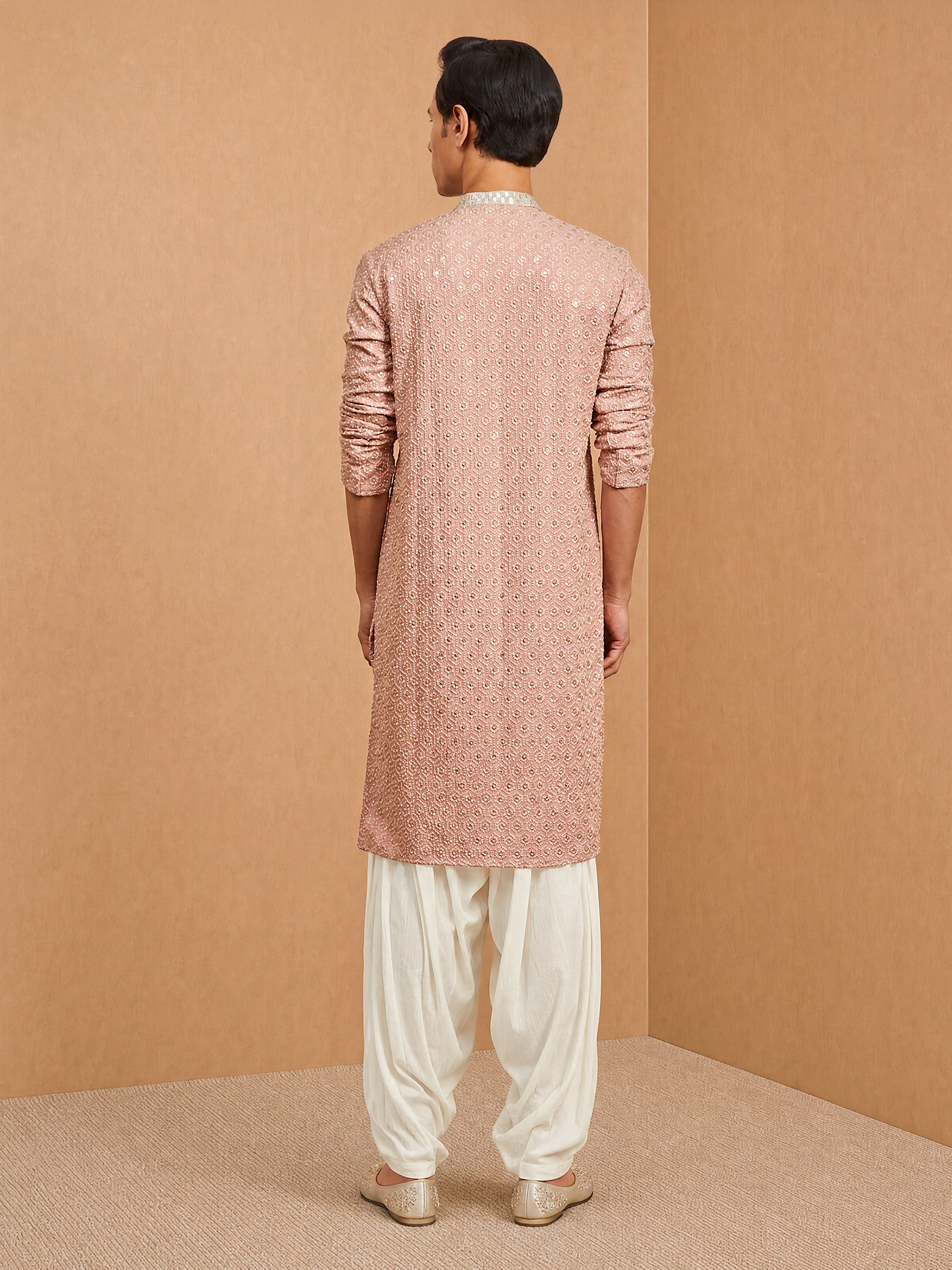 Men's Peach Rayon Embroidered Knee Length Kurta with Patiala