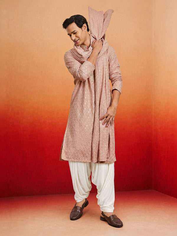 Men Peach Rayon Kurta Patiala with Dupatta Festive Ethnic Wear