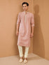 Men's Peach Embroidered, Sequin Knee Length Kurta Pant Set with Churidar