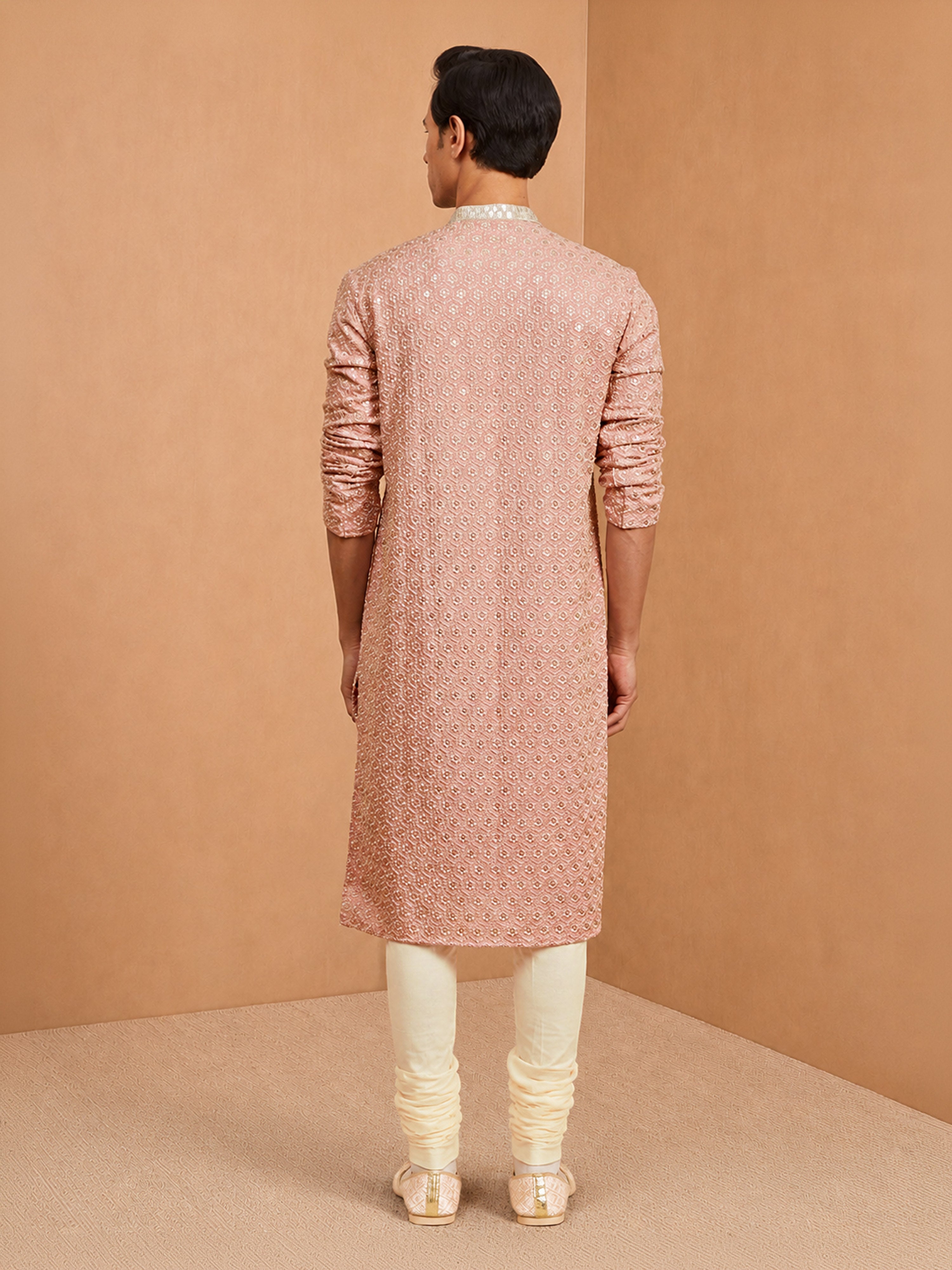 Men's Peach Embroidered, Sequin Knee Length Kurta Pant Set with Churidar