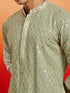Men's Mint Rayon Embellished Knee Length Kurta with Dhoti