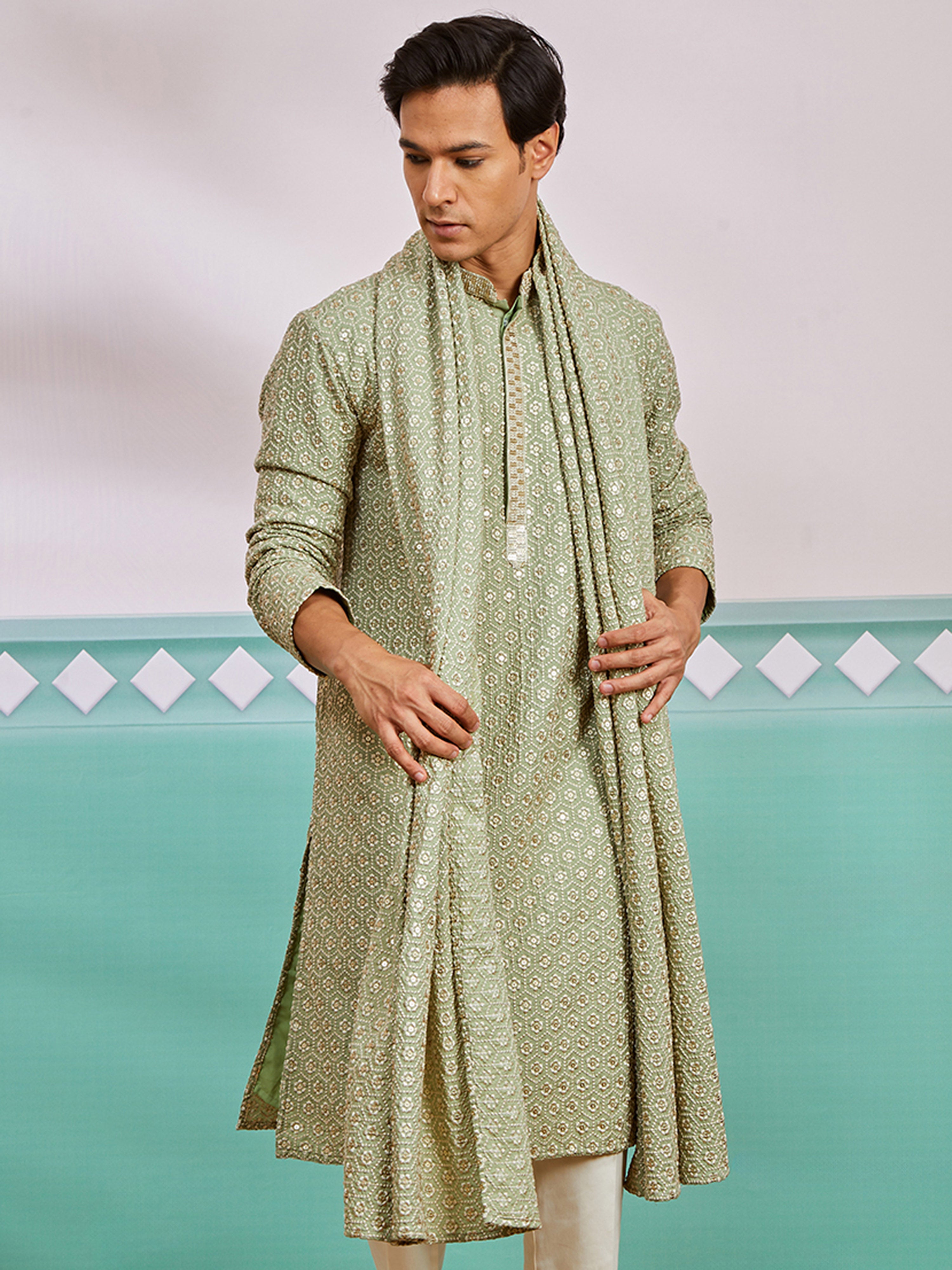 Men's Pista Green Chikankari Rayon Kurta with Silk Dupatta Set