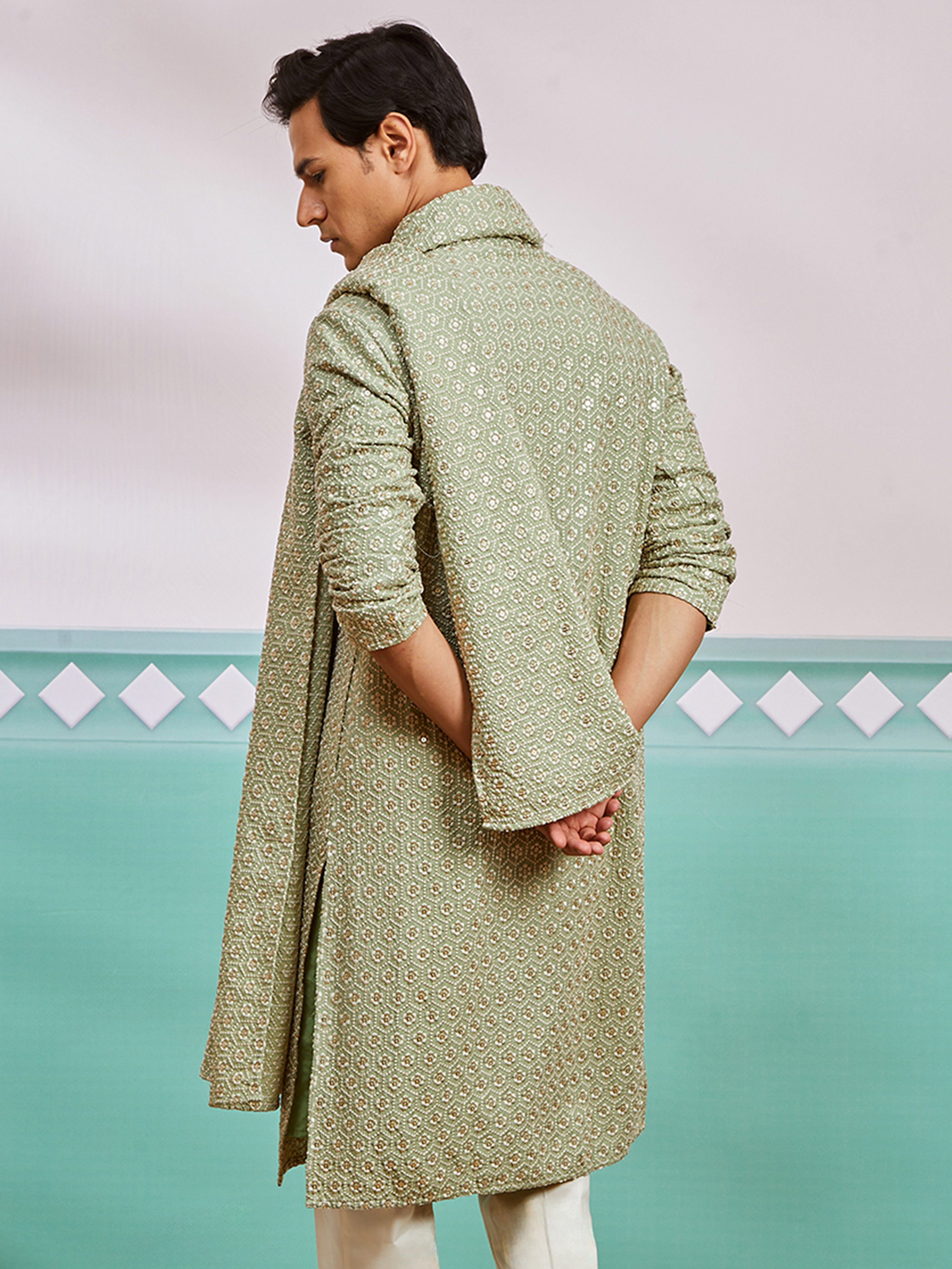 Men's Pista Green Chikankari Rayon Kurta with Silk Dupatta Set