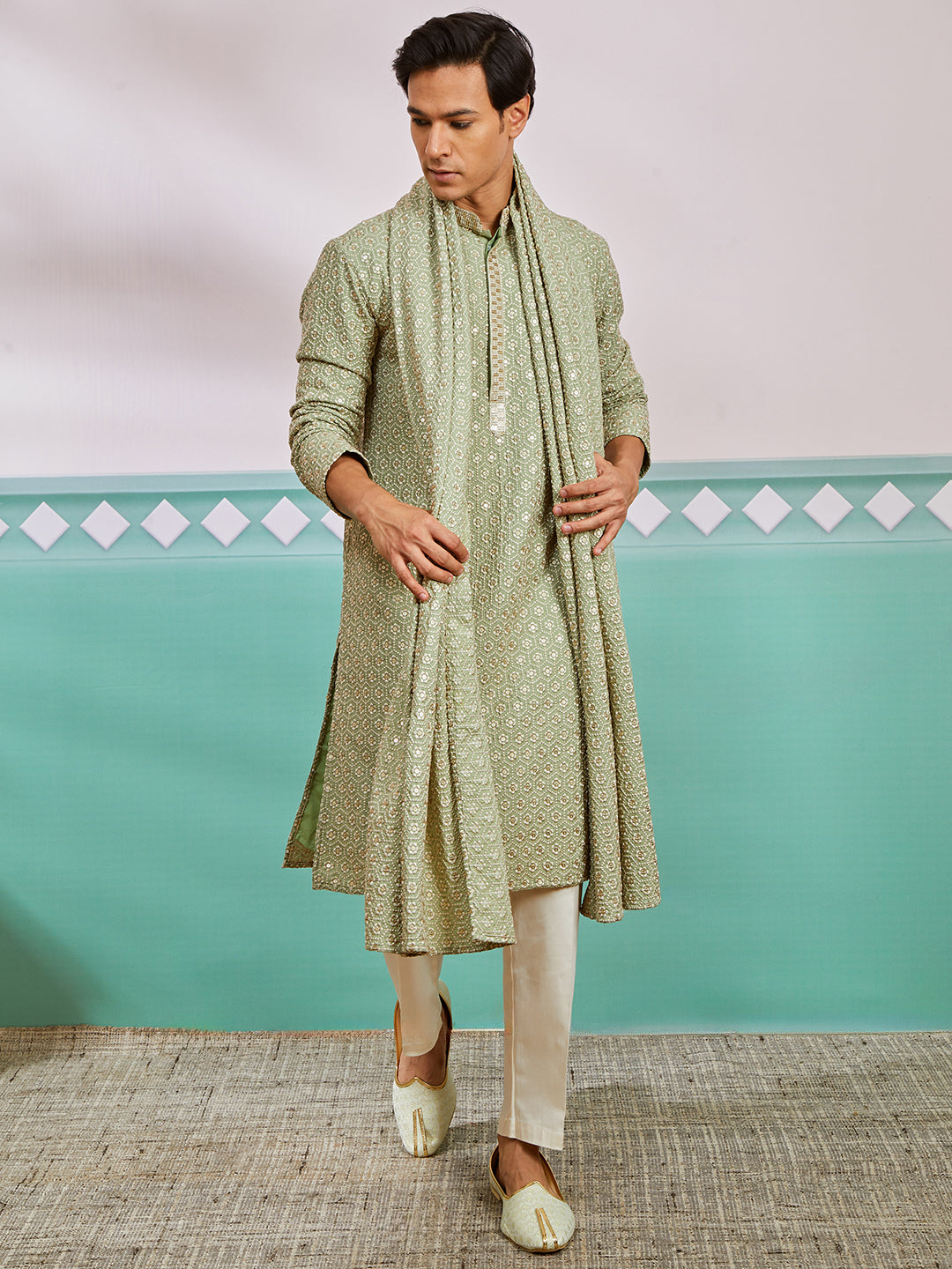 Men's Pista Green Rayon Kurta, Pyjama And Dupatta Set.