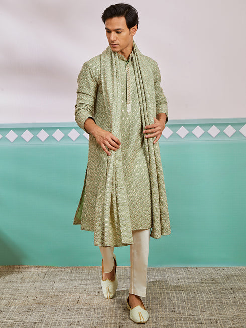 Men's Pista Green Rayon Kurta, Pyjama And Dupatta Set.