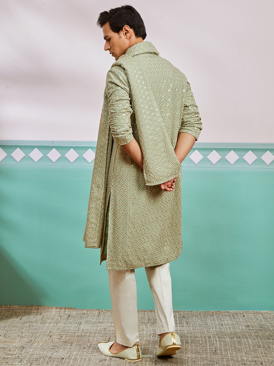 Men's Pista Green Rayon Kurta, Pyjama And Dupatta Set.