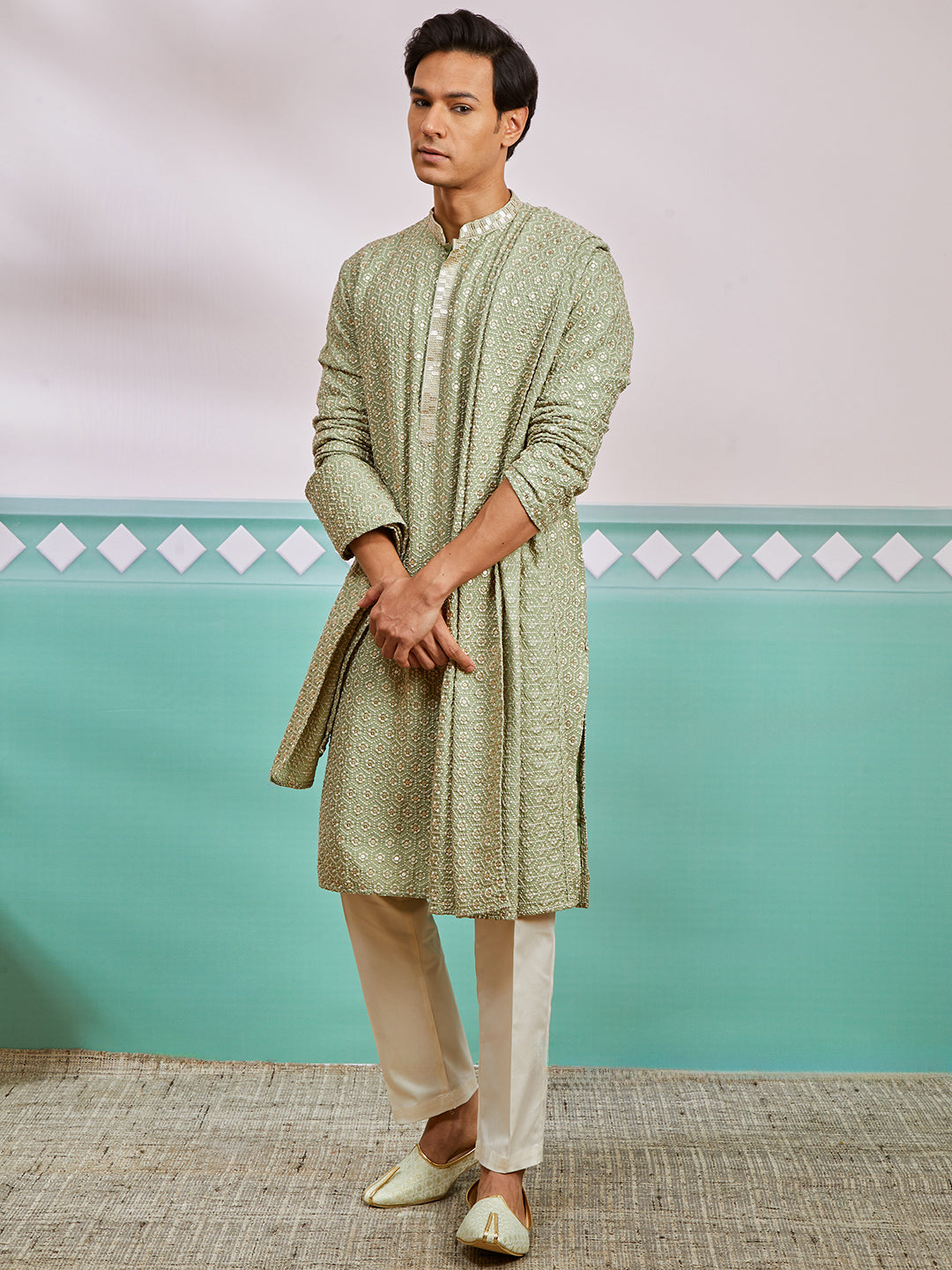 Men's Pista Green Rayon Kurta, Pyjama And Dupatta Set.