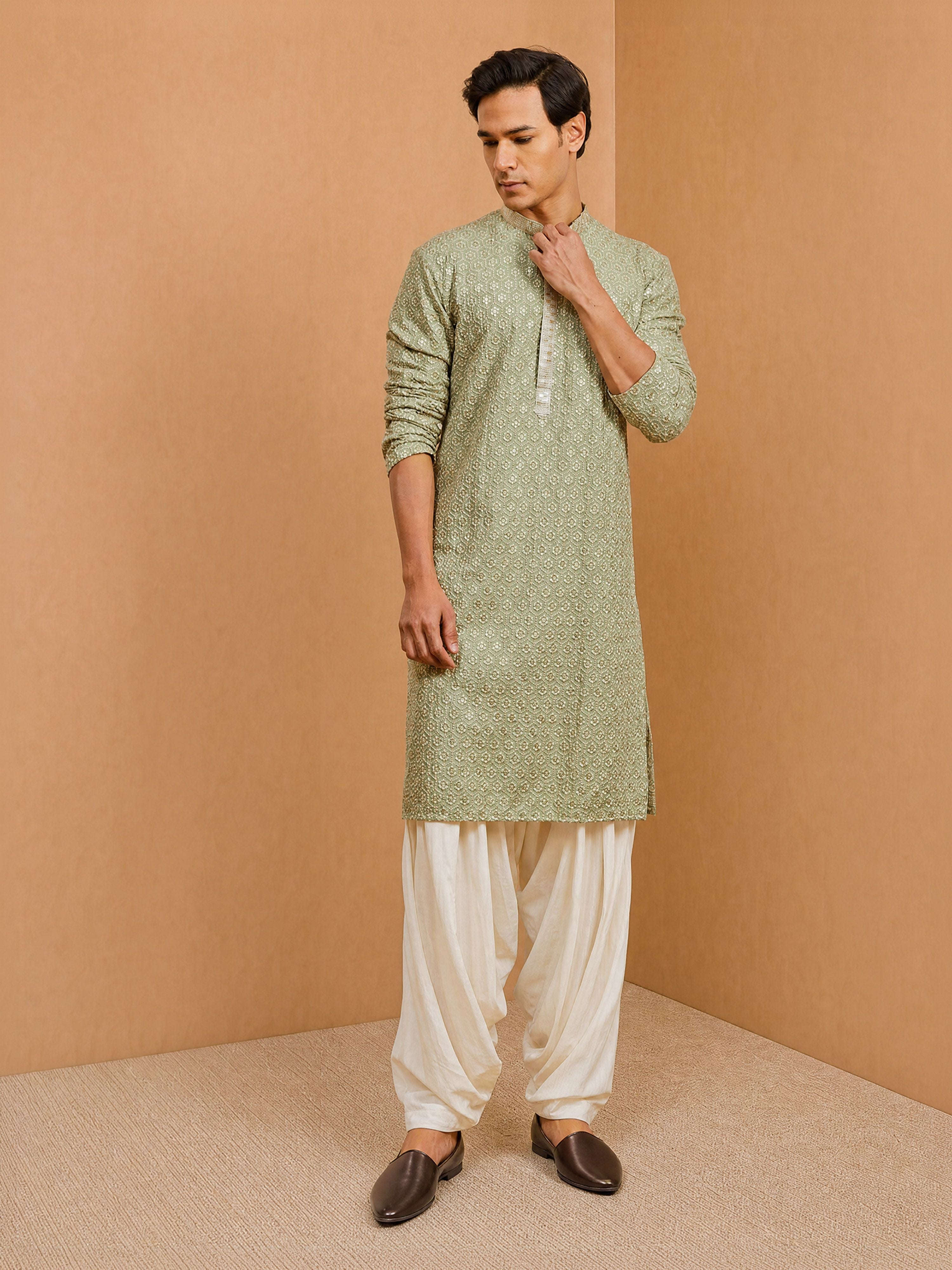 Men's Sage Rayon Embellished Knee Length Kurta with Patiayala
