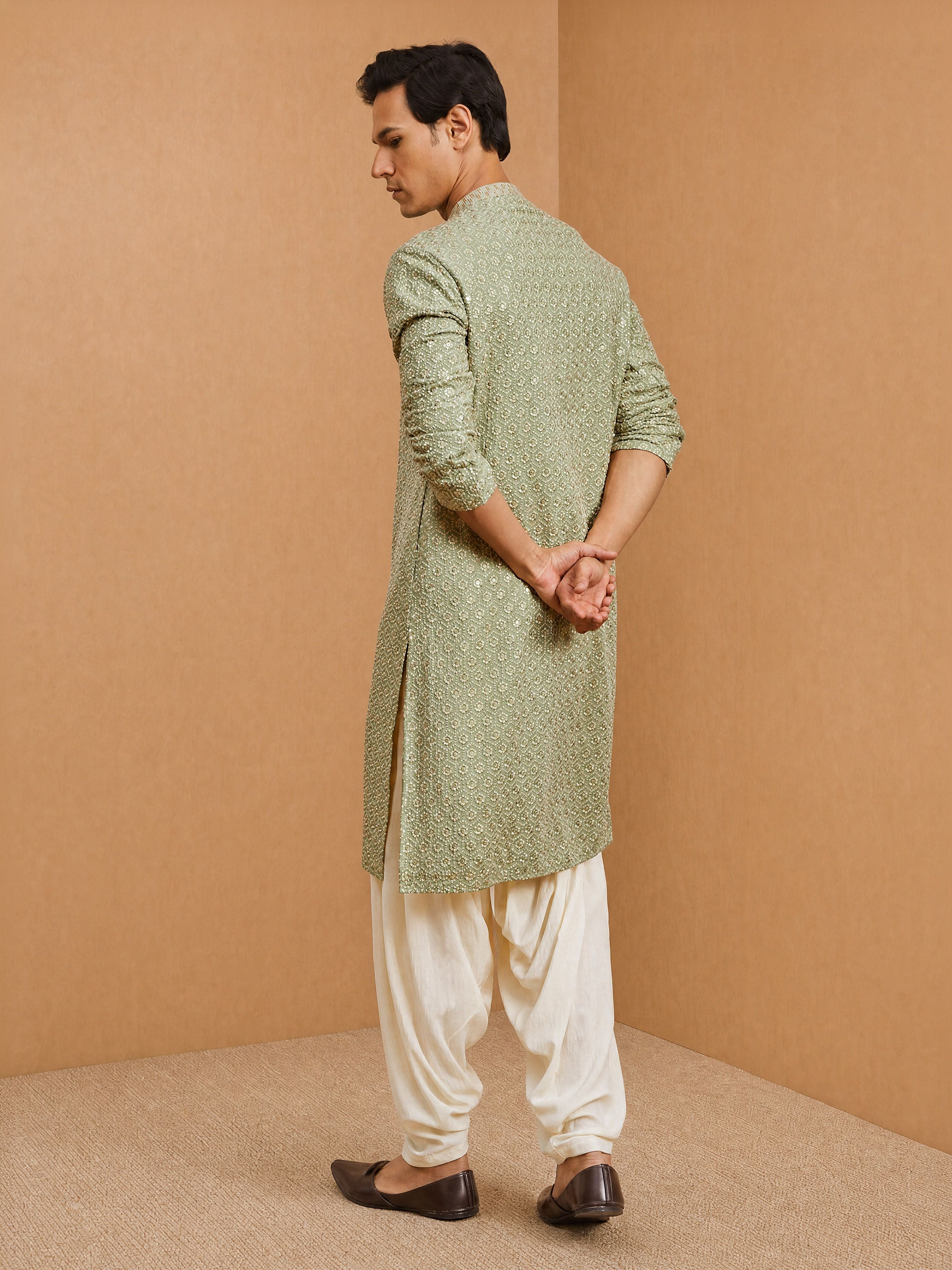 Men's Sage Rayon Embellished Knee Length Kurta with Patiayala