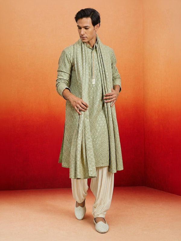 Men Sage Rayon Kurta Patiala with Dupatta Festive Ethnic Wear