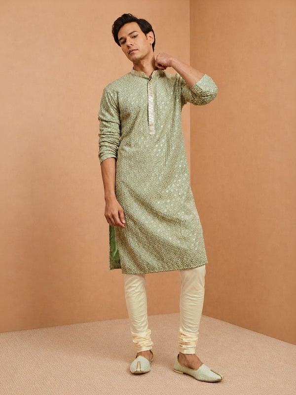 Men's Sage Embroidered, Sequin Knee Length Kurta Pant Set with Churidar