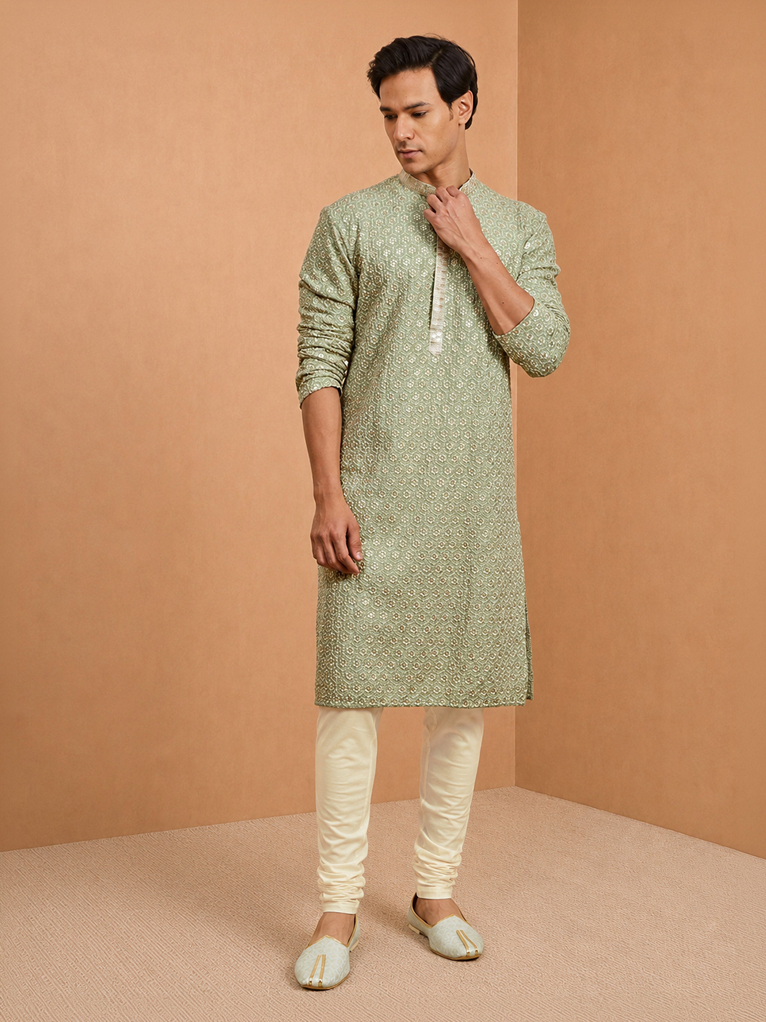 Men's Sage Embroidered, Sequin Knee Length Kurta Pant Set with Churidar