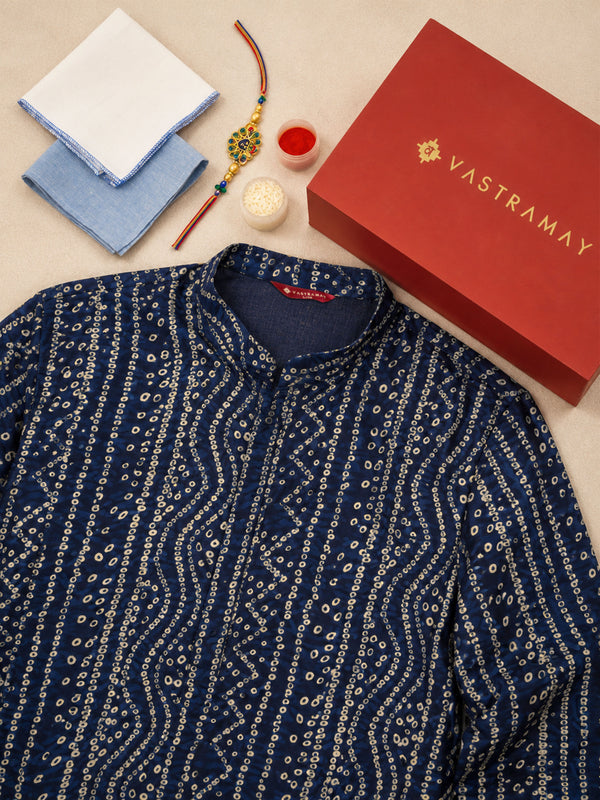 Men's Navy Blue Bandhni Rayon Kurta Rakhi Gift Box for Brother | Premium Raksha Bandhan Gift