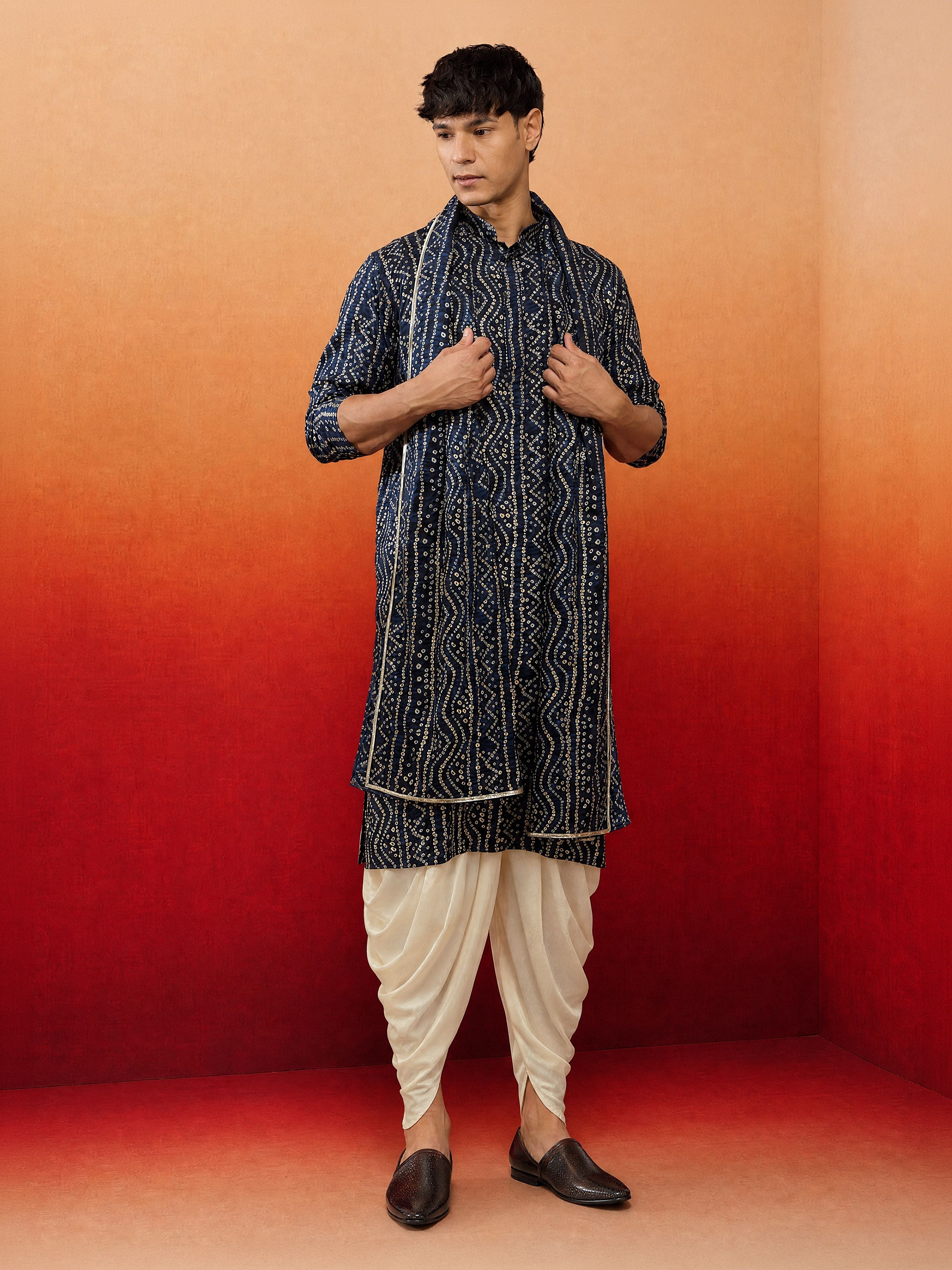 Men's Blue Rayon Bandhni Knee Length Kurta & Dhoti with Dupatta