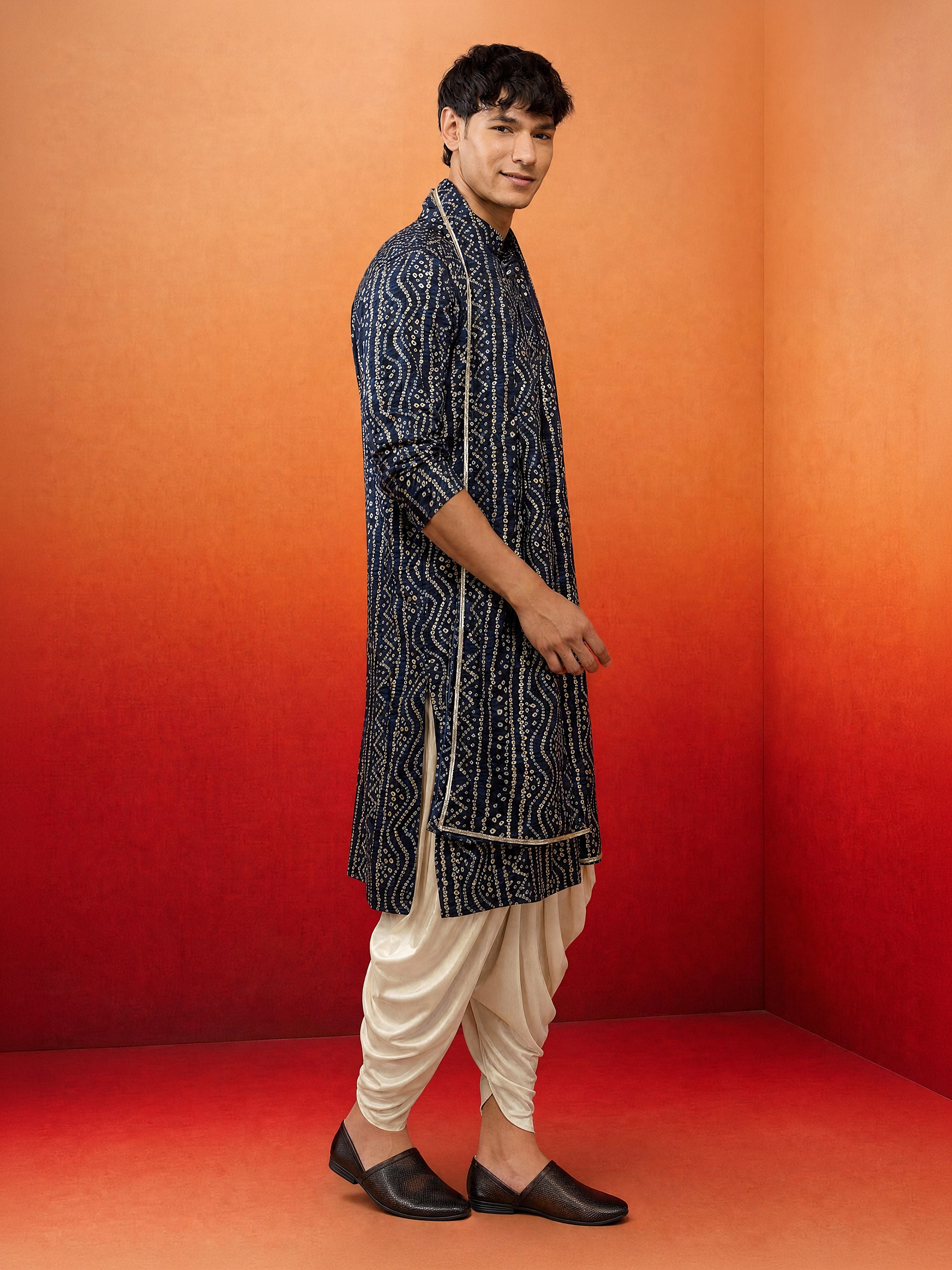 Men's Blue Rayon Bandhni Knee Length Kurta & Dhoti with Dupatta