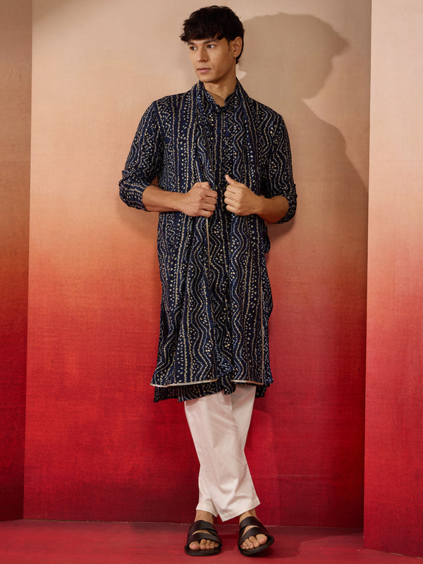 Mens Blue Bandhani Kurta Set with Cream Pant and Dupatta