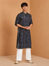 Men's Navy Blue Bandhani, Printed Knee Length Kurta Pant Set with Wide Leg Pant