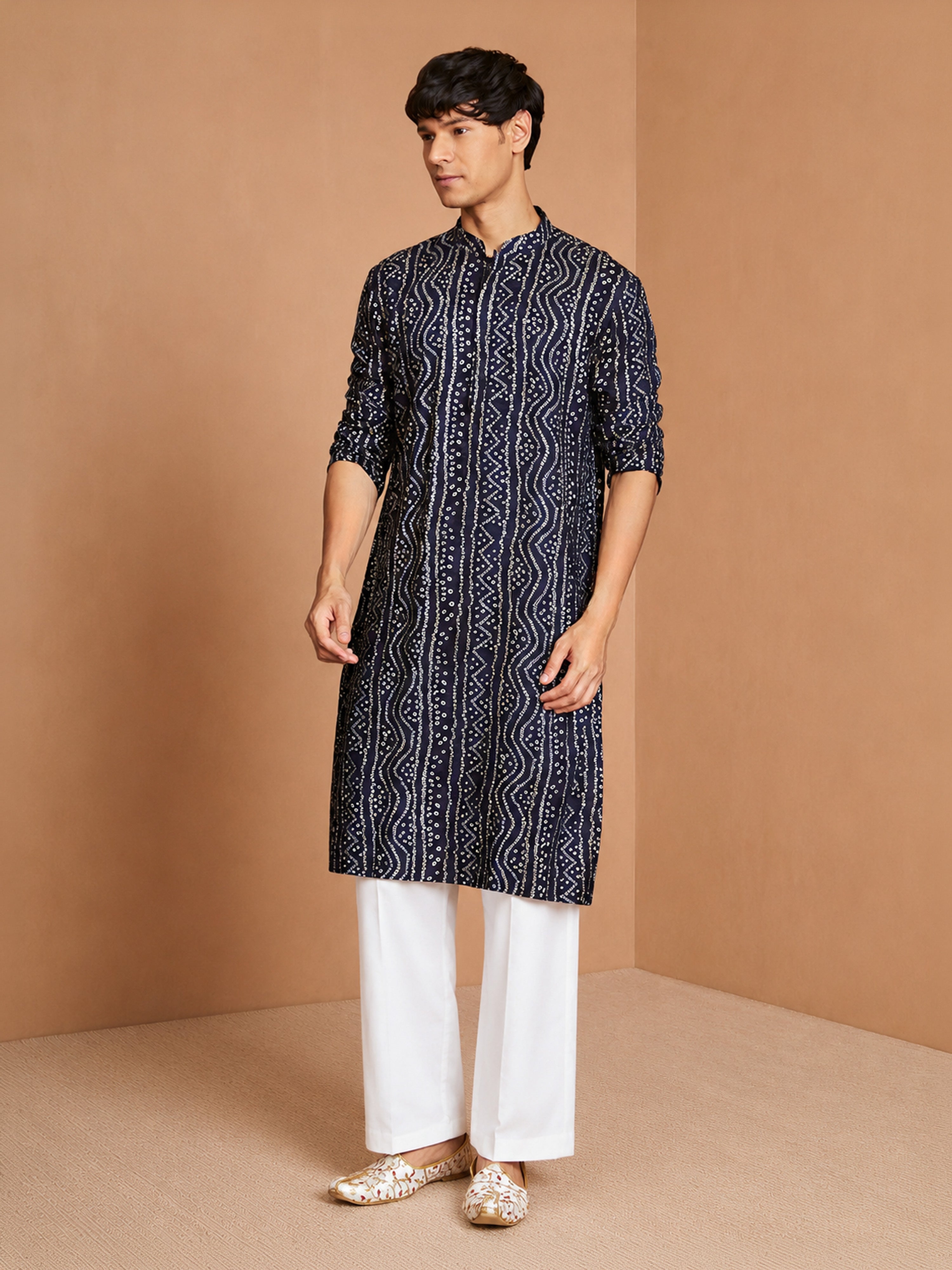 Men's Navy Blue Bandhani, Printed Knee Length Kurta Pant Set with Wide Leg Pant