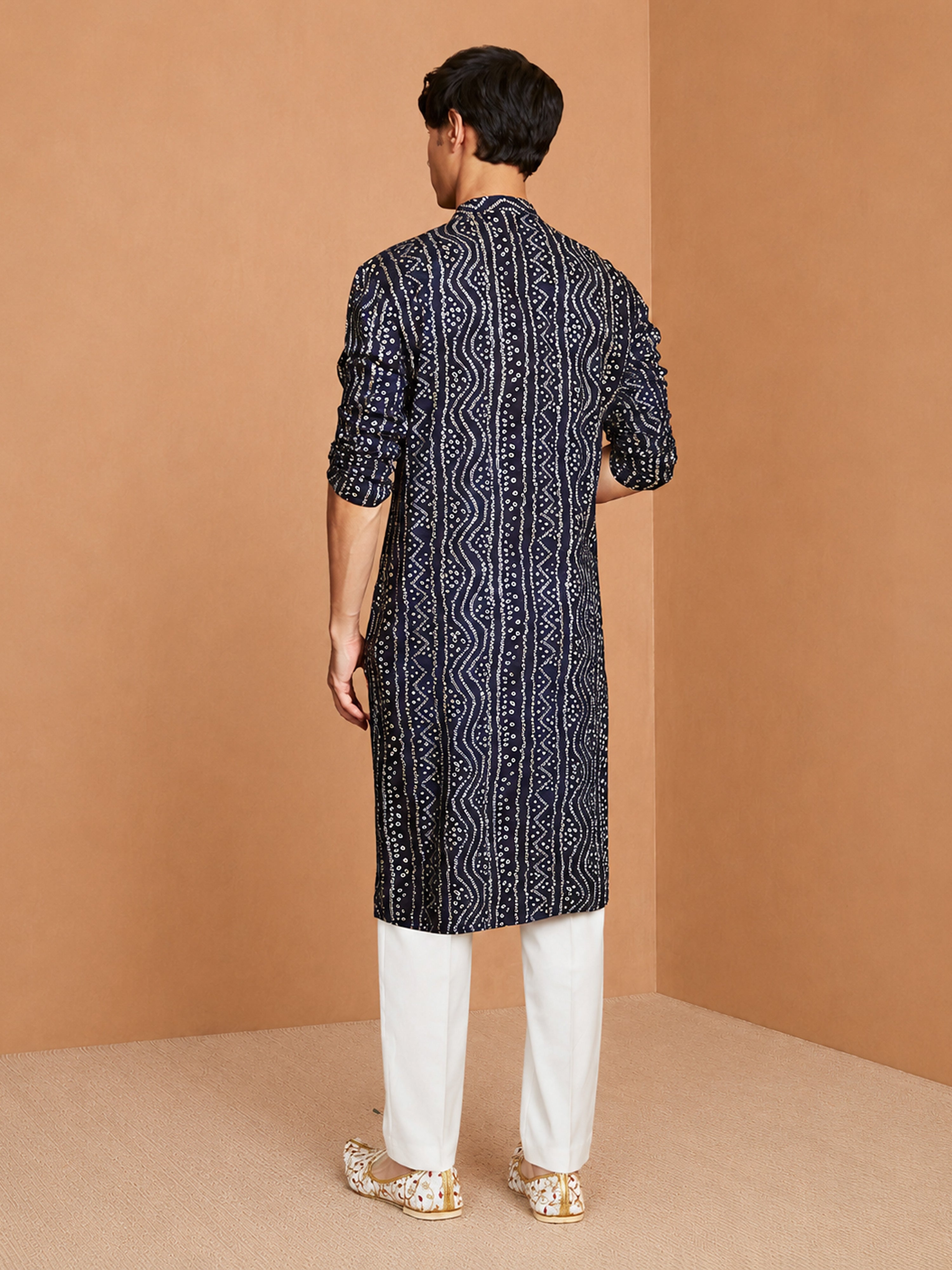Men's Navy Blue Bandhani, Printed Knee Length Kurta Pant Set with Wide Leg Pant