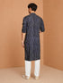 Men's Navy Blue Bandhani, Printed Knee Length Kurta Pant Set with Wide Leg Pant