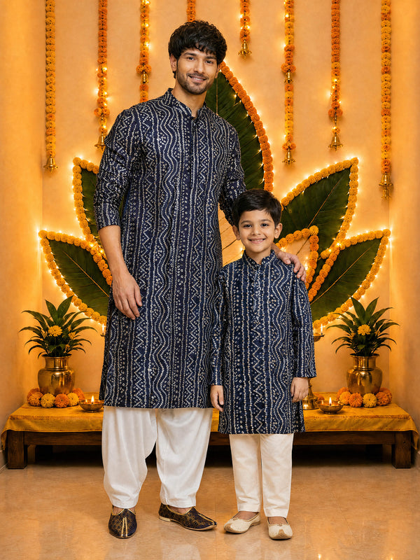 Men's Navy Blue Bandhni Rayon Kurta & Patiyala Set