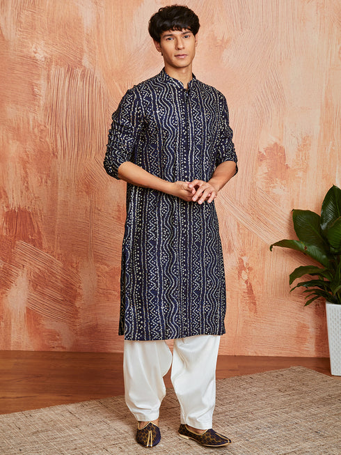 Men's Navy Blue Rayon Kurta And Patyala Set