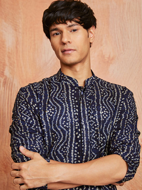 Men's Navy Blue Rayon Kurta And Patyala Set