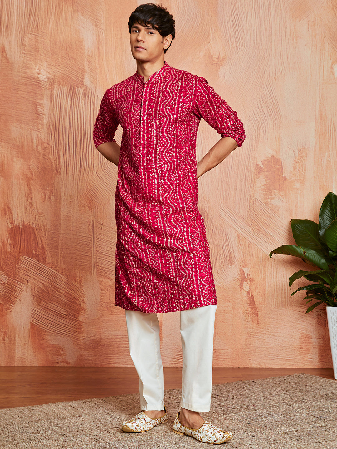 Men's Pink Bandhni Rayon Kurta Rakhi Gift Box for Brother | Includes Rakhi & Gift Box
