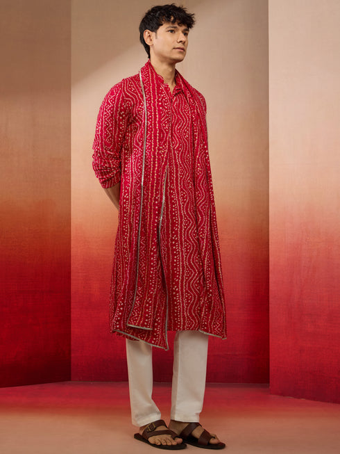 Mens Falsa Bandhani Kurta Set with Cream Pant and Dupatta