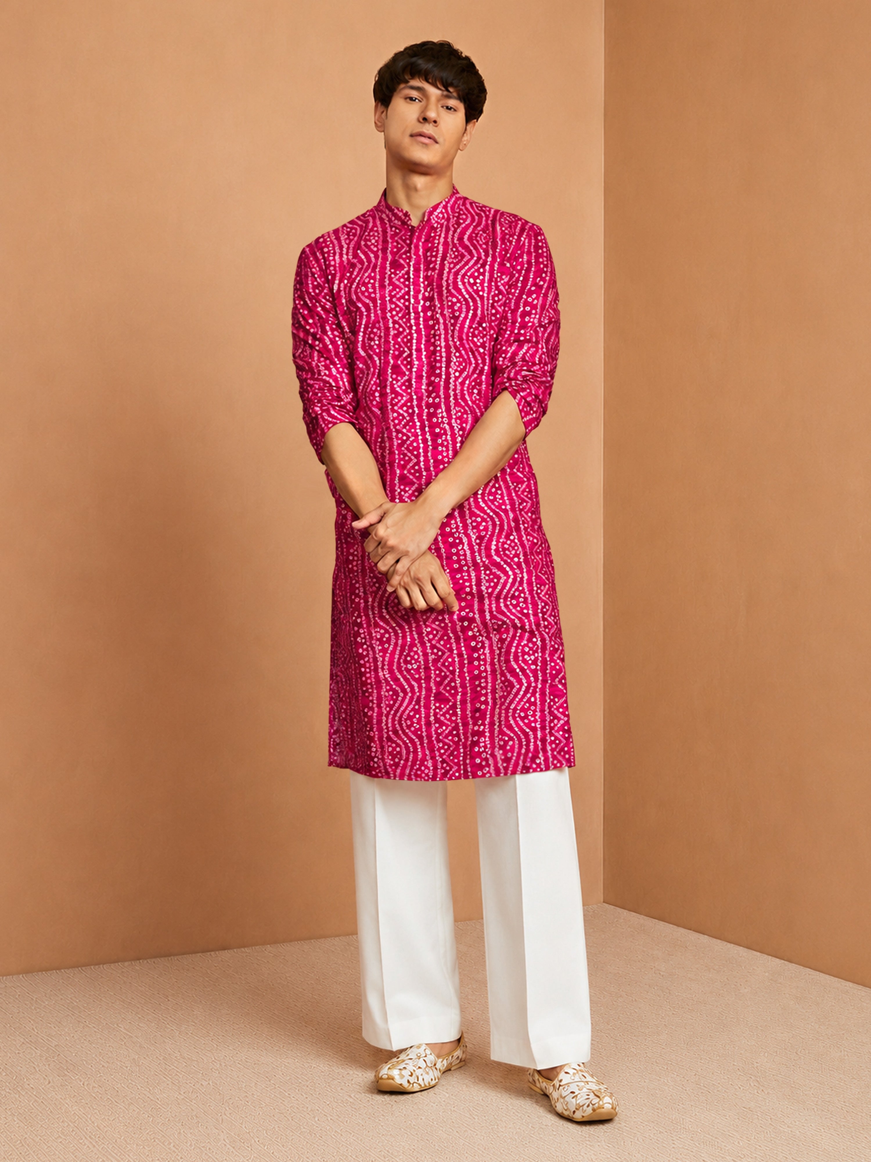 Men's Falsa Bandhani, Printed Knee Length Kurta Pant Set with Wide Leg Pant