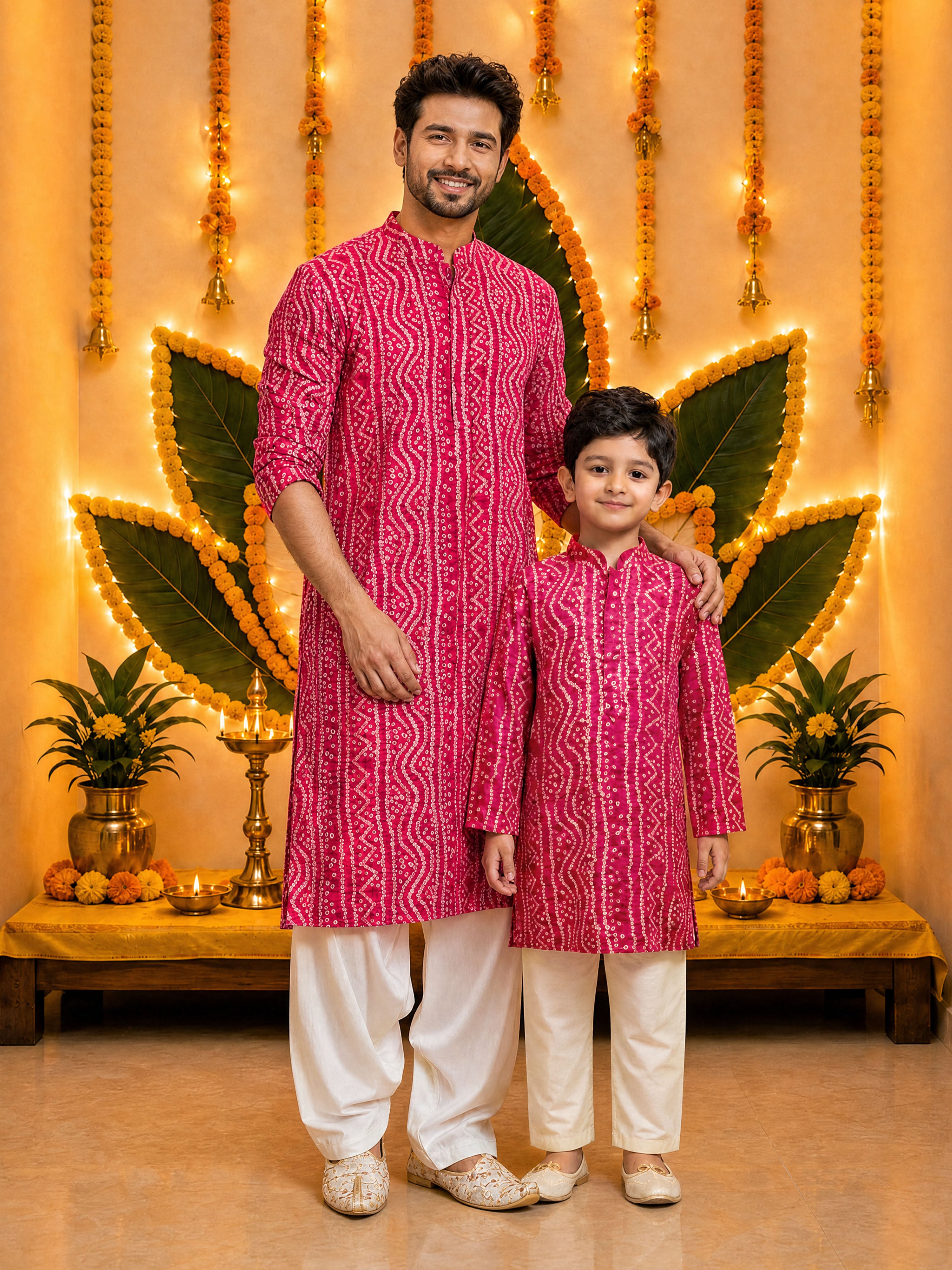 Boy's Falsa Cotton Bandhani Print Kurta Pyjama