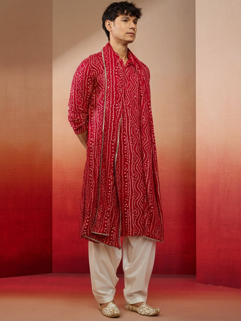 Men's Falsa Bandhani Print Kurta Set With Dupatta