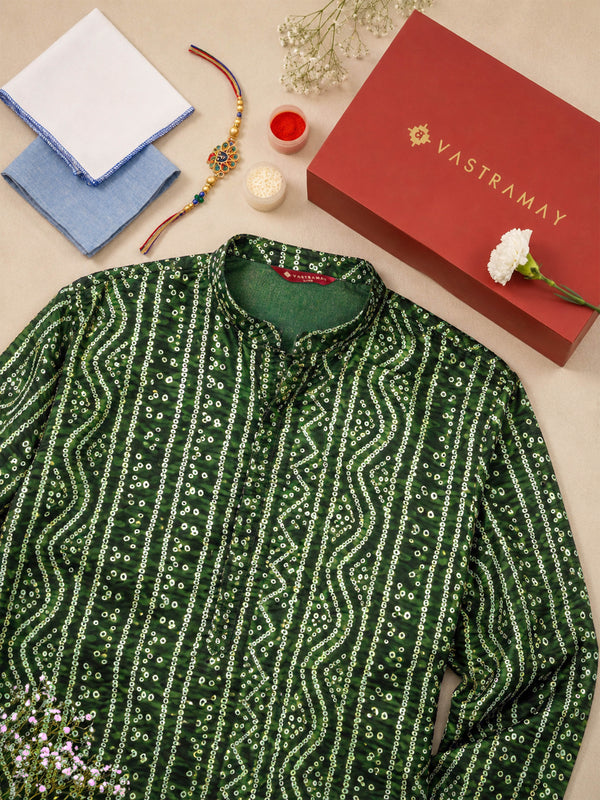 Men's Green Bandhni Rayon Kurta & Pyjama Rakhi Gift Box for Brother | Premium Festive Gift
