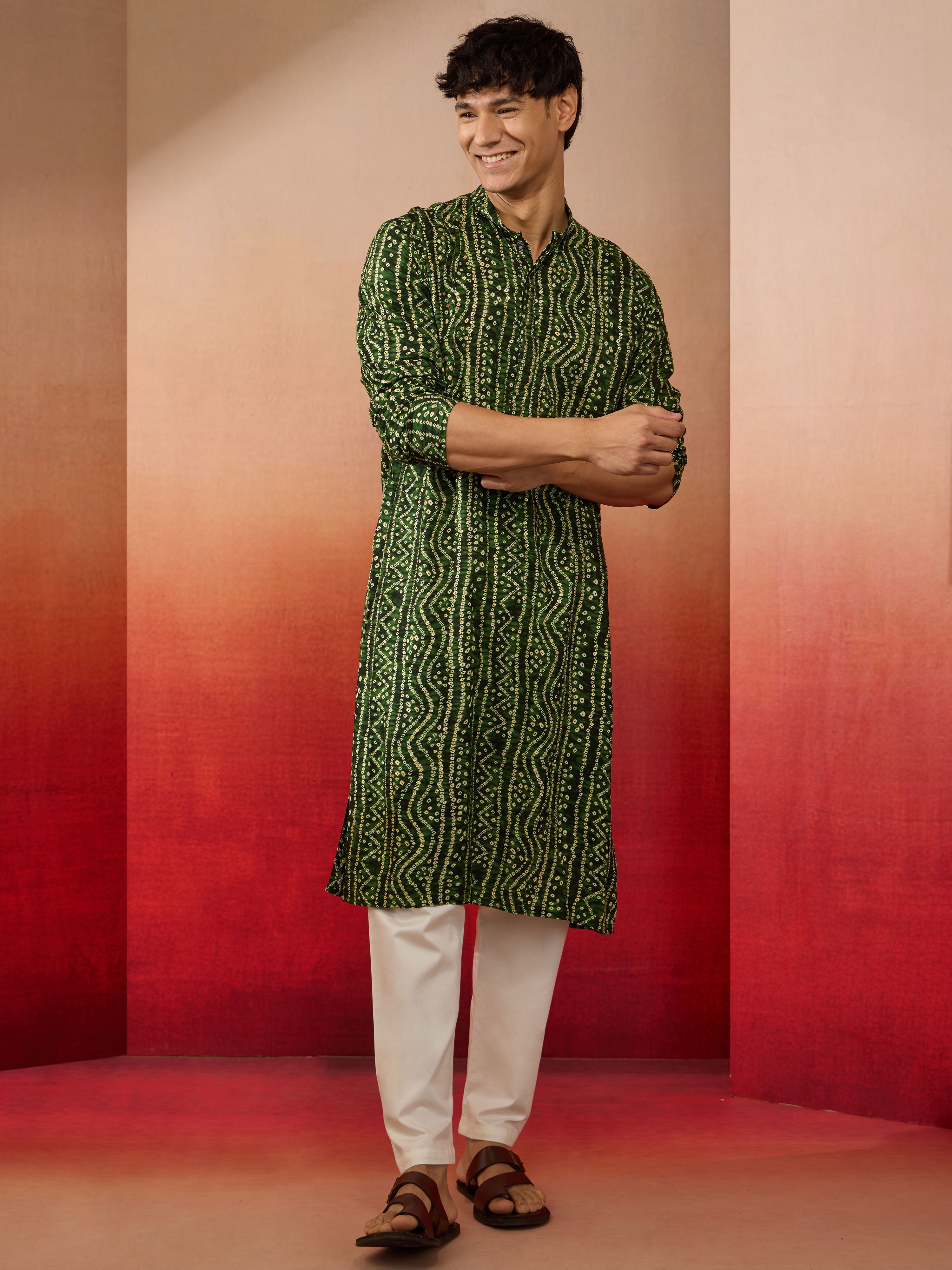 Men's Green Bandhni Rayon Kurta & Pyjama Rakhi Gift Box for Brother | Premium Festive Gift