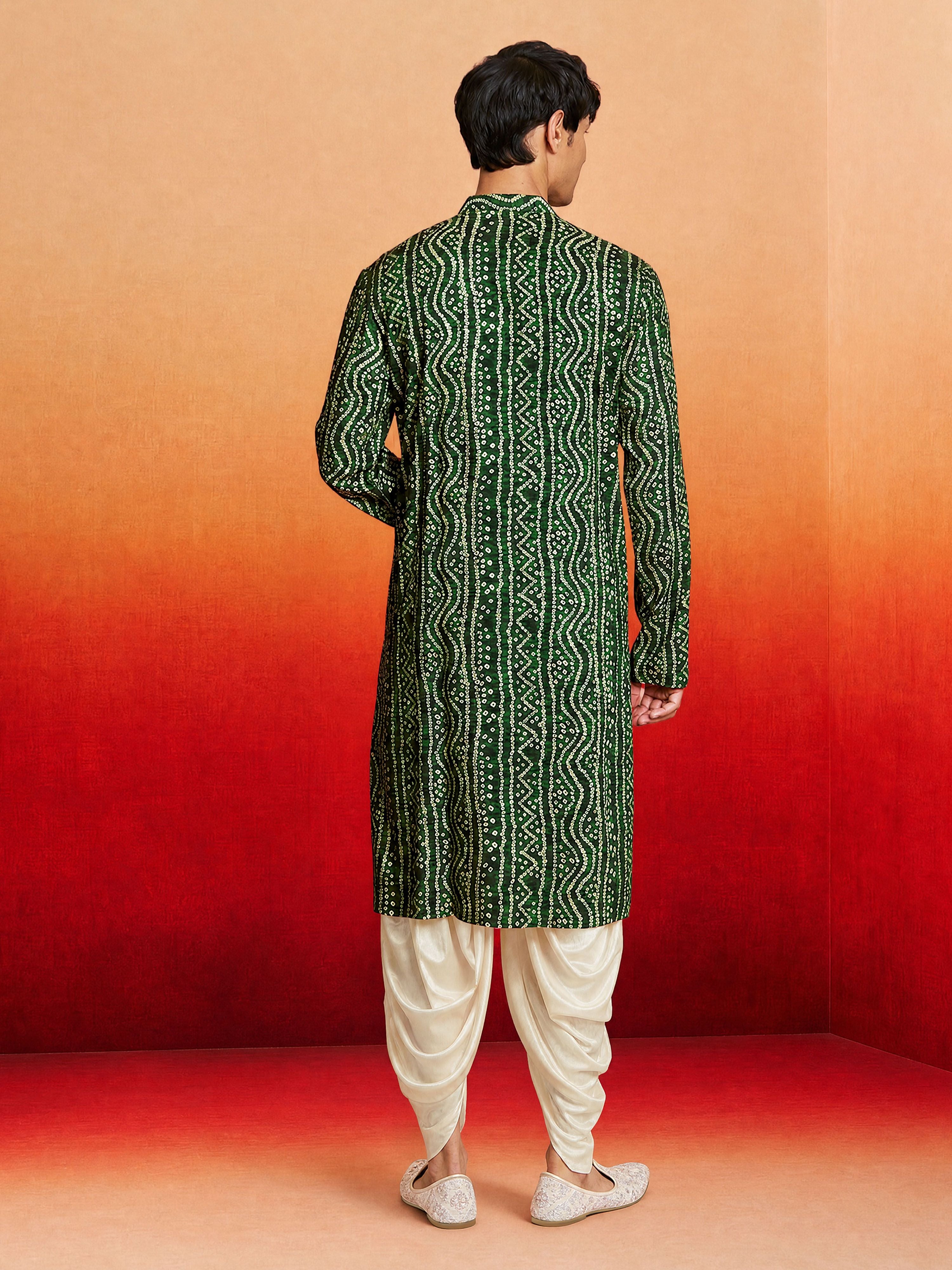 Men's Green Rayon Digital Print Knee Length Kurta with Dhoti