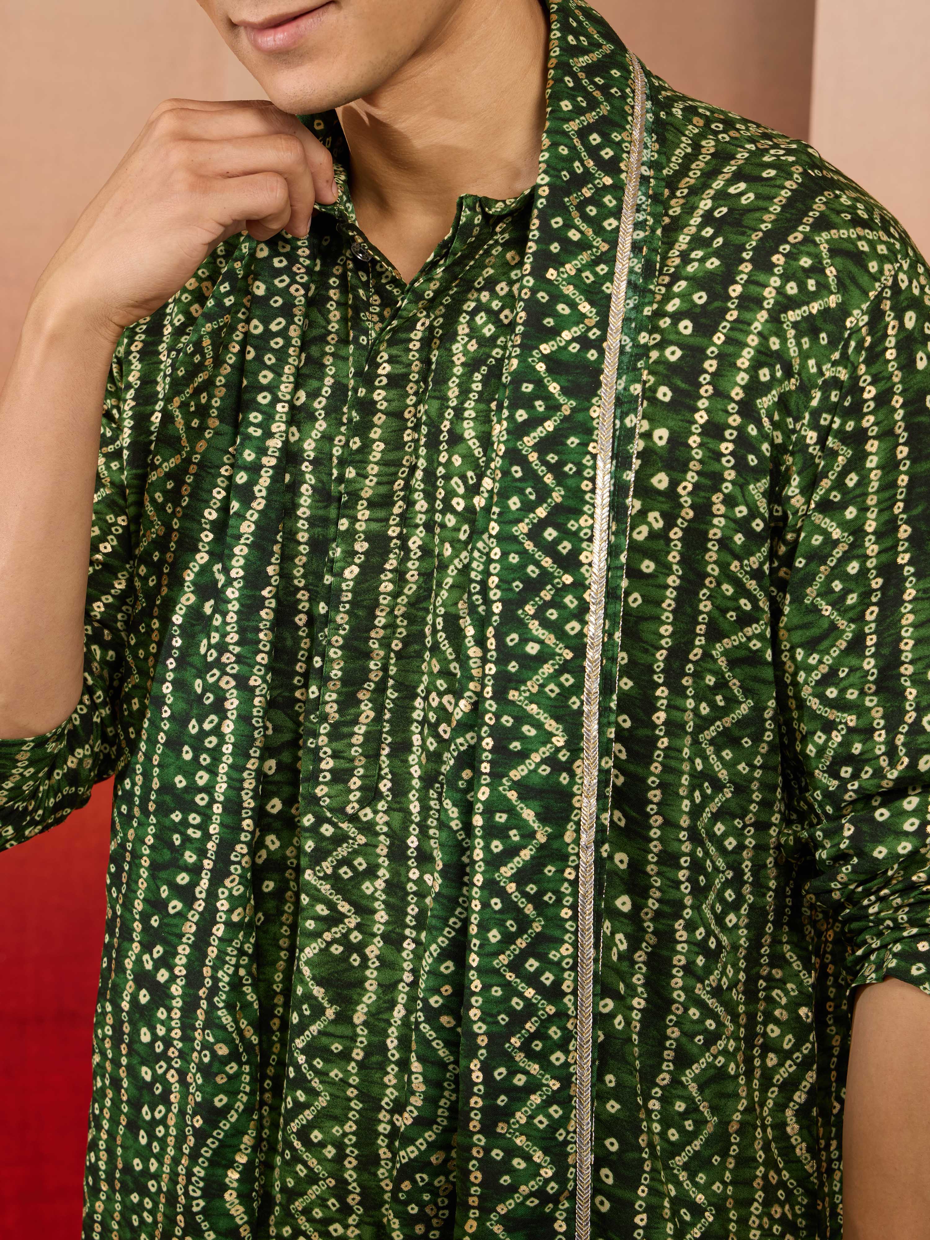 Mens Green Bandhani Kurta Set with Cream Pant and Dupatta