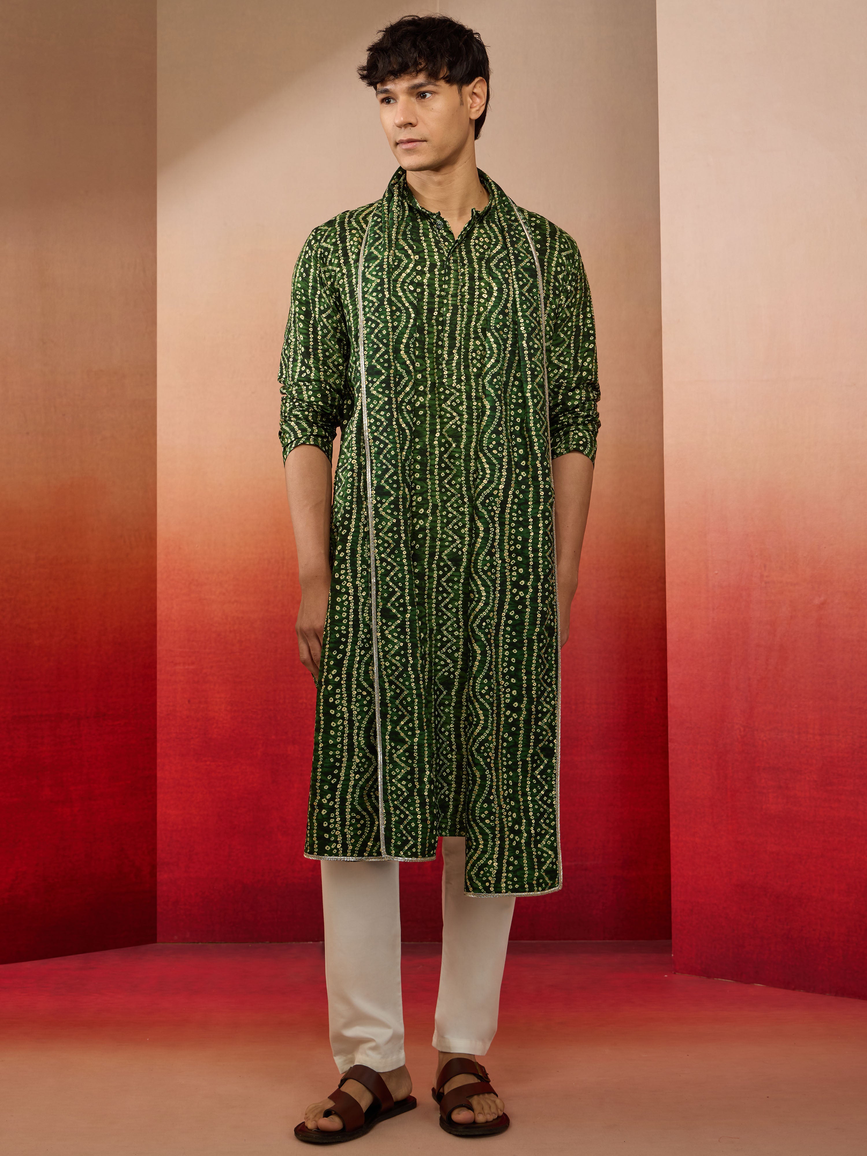 Mens Green Bandhani Kurta Set with Cream Pant and Dupatta