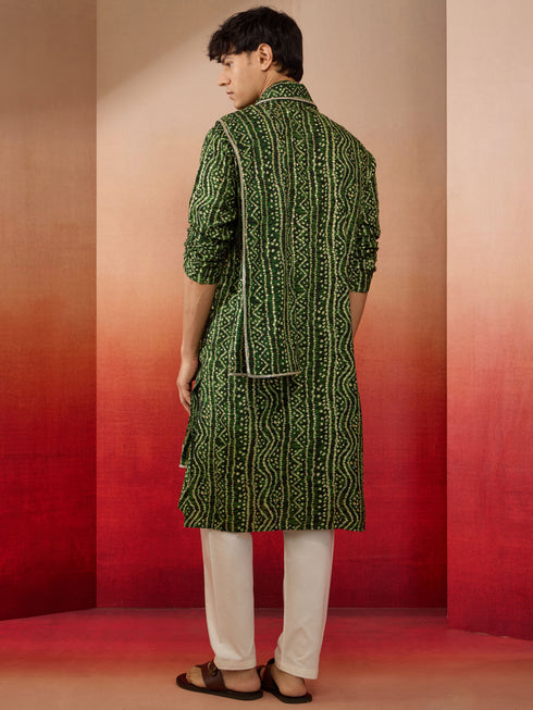 Mens Green Bandhani Kurta Set with Cream Pant and Dupatta