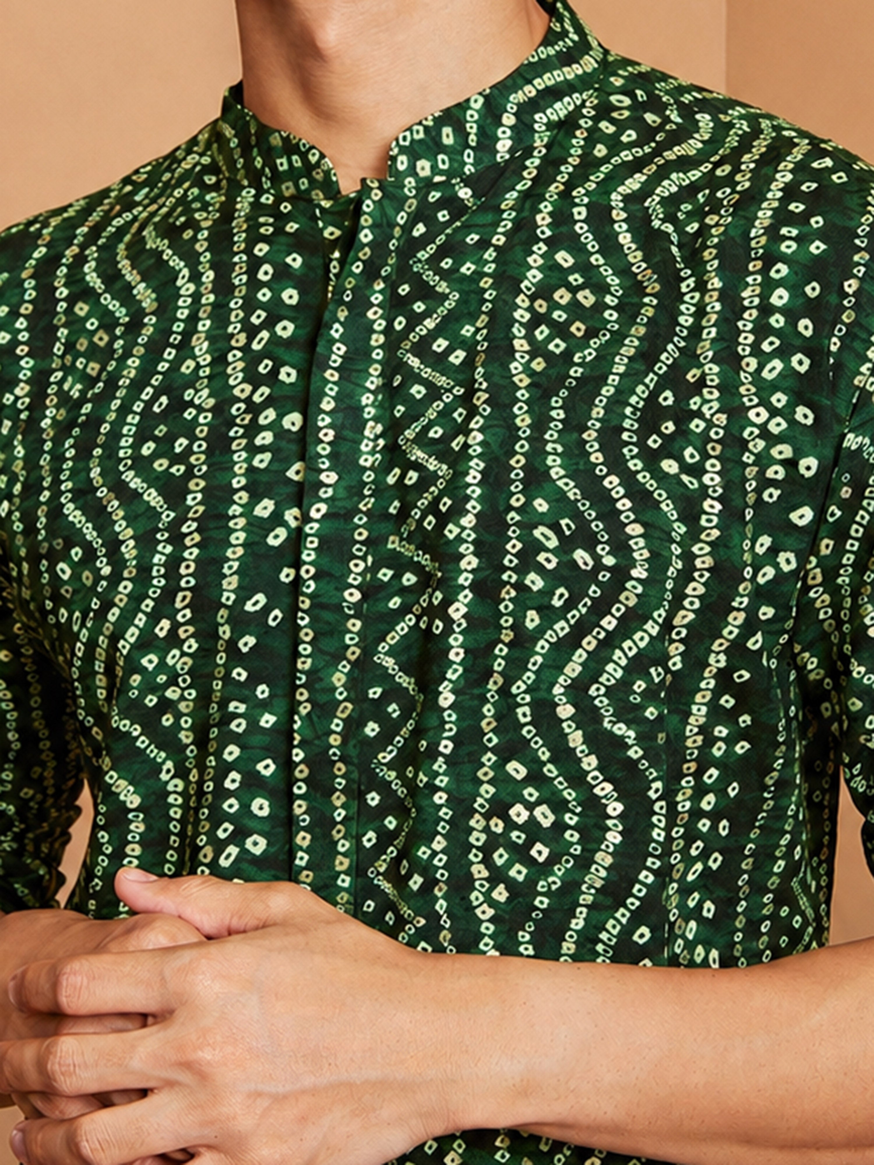 Men's Green Bandhani Printed Kurta Pant Set