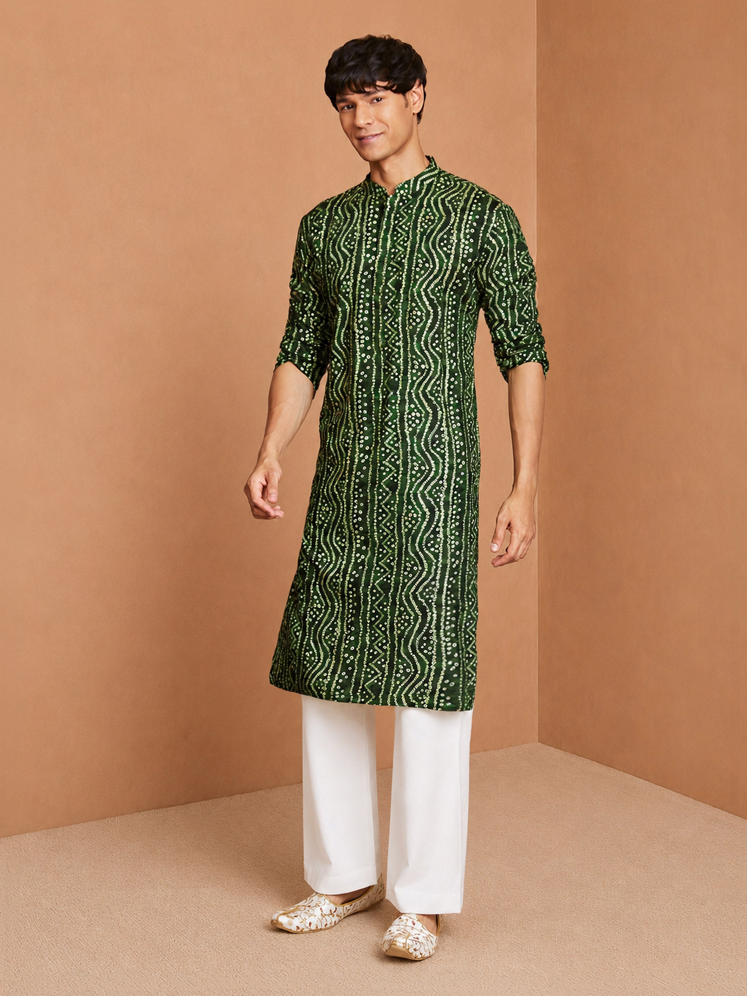 Men's Green Bandhani, Printed Knee Length Kurta Pant Set with Wide Leg Pant