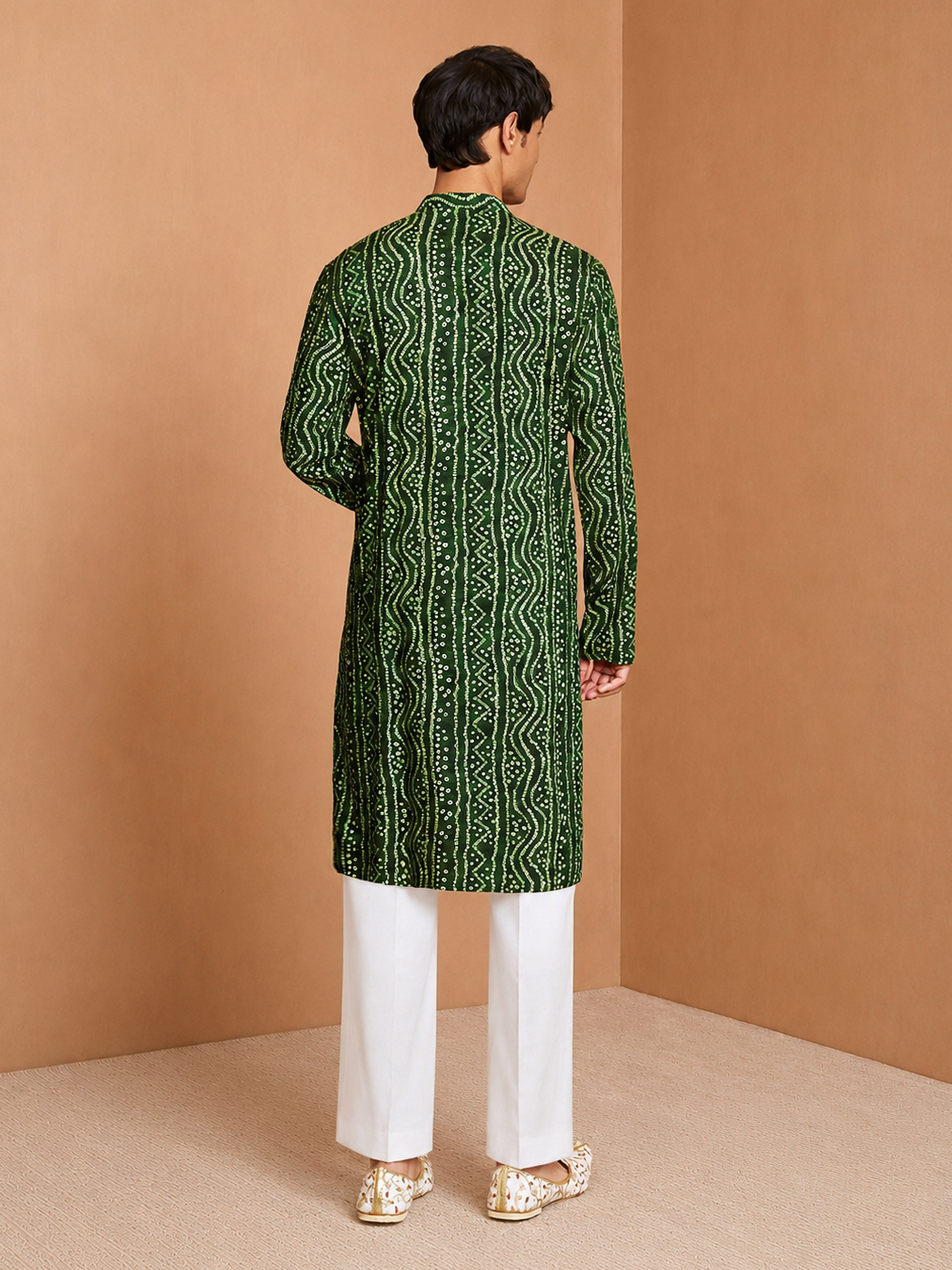 Men's Green Bandhani, Printed Knee Length Kurta Pant Set with Wide Leg Pant